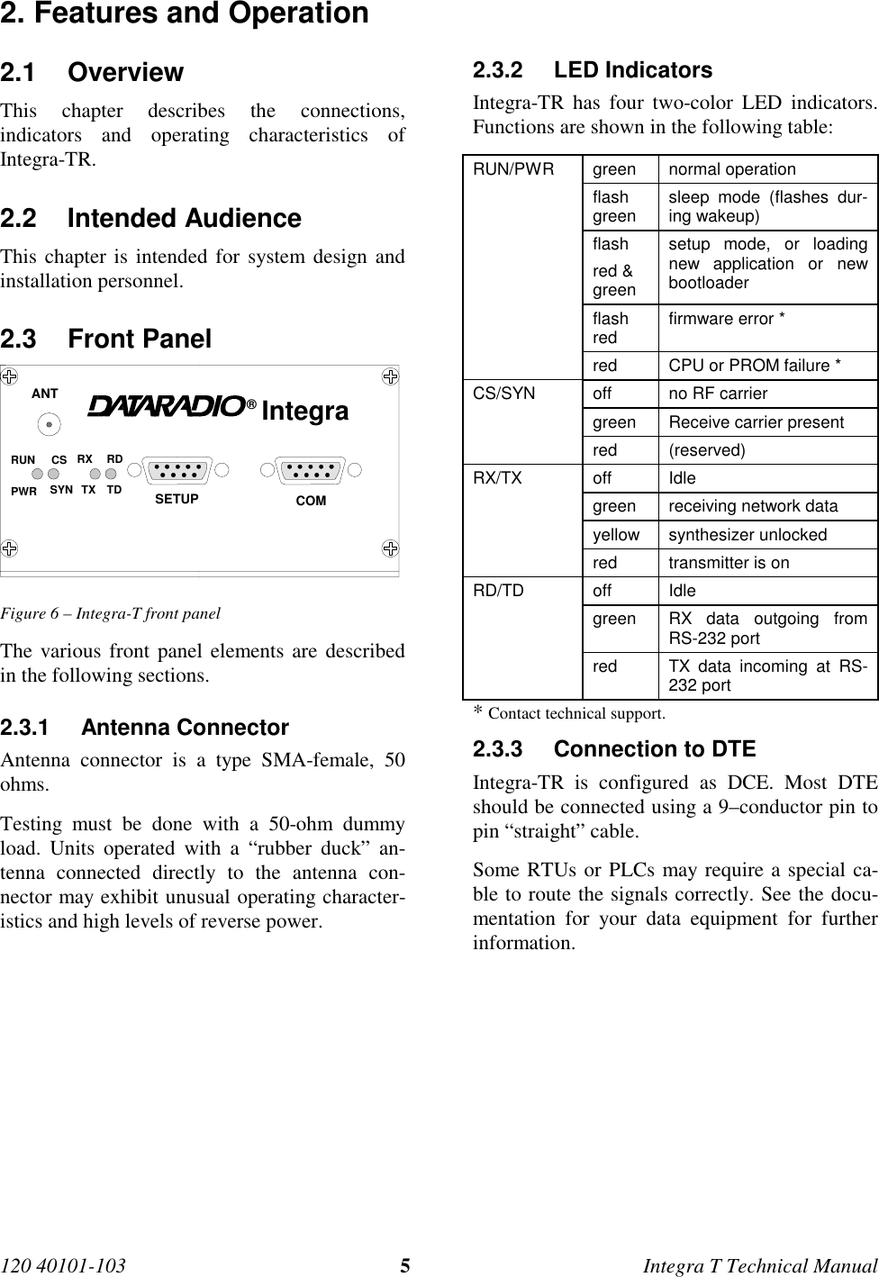 120 40101-103 5Integra T Technical Manual2. Features and Operation2.1 OverviewThis chapter describes the connections,indicators and operating characteristics ofIntegra-TR.2.2 Intended AudienceThis chapter is intended for system design andinstallation personnel.2.3 Front PanelIntegra®ANTSETUP COMRUN CS RX RDPWR SYN TX TDFigure 6 – Integra-T front panelThe various front panel elements are describedin the following sections.2.3.1 Antenna ConnectorAntenna connector is a type SMA-female, 50ohms.Testing must be done with a 50-ohm dummyload. Units operated with a “rubber duck” an-tenna connected directly to the antenna con-nector may exhibit unusual operating character-istics and high levels of reverse power.2.3.2 LED IndicatorsIntegra-TR has four two-color LED indicators.Functions are shown in the following table:RUN/PWR green normal operationflashgreen sleep mode (flashes dur-ing wakeup)flashred &amp;greensetup mode, or loadingnew application or newbootloaderflashred firmware error *red CPU or PROM failure *CS/SYN off no RF carriergreen Receive carrier presentred (reserved)RX/TX off Idlegreen receiving network datayellow synthesizer unlockedred transmitter is onRD/TD off Idlegreen RX data outgoing fromRS-232 portred TX data incoming at RS-232 port* Contact technical support.2.3.3  Connection to DTEIntegra-TR is configured as DCE. Most DTEshould be connected using a 9–conductor pin topin “straight” cable.Some RTUs or PLCs may require a special ca-ble to route the signals correctly. See the docu-mentation for your data equipment for furtherinformation.