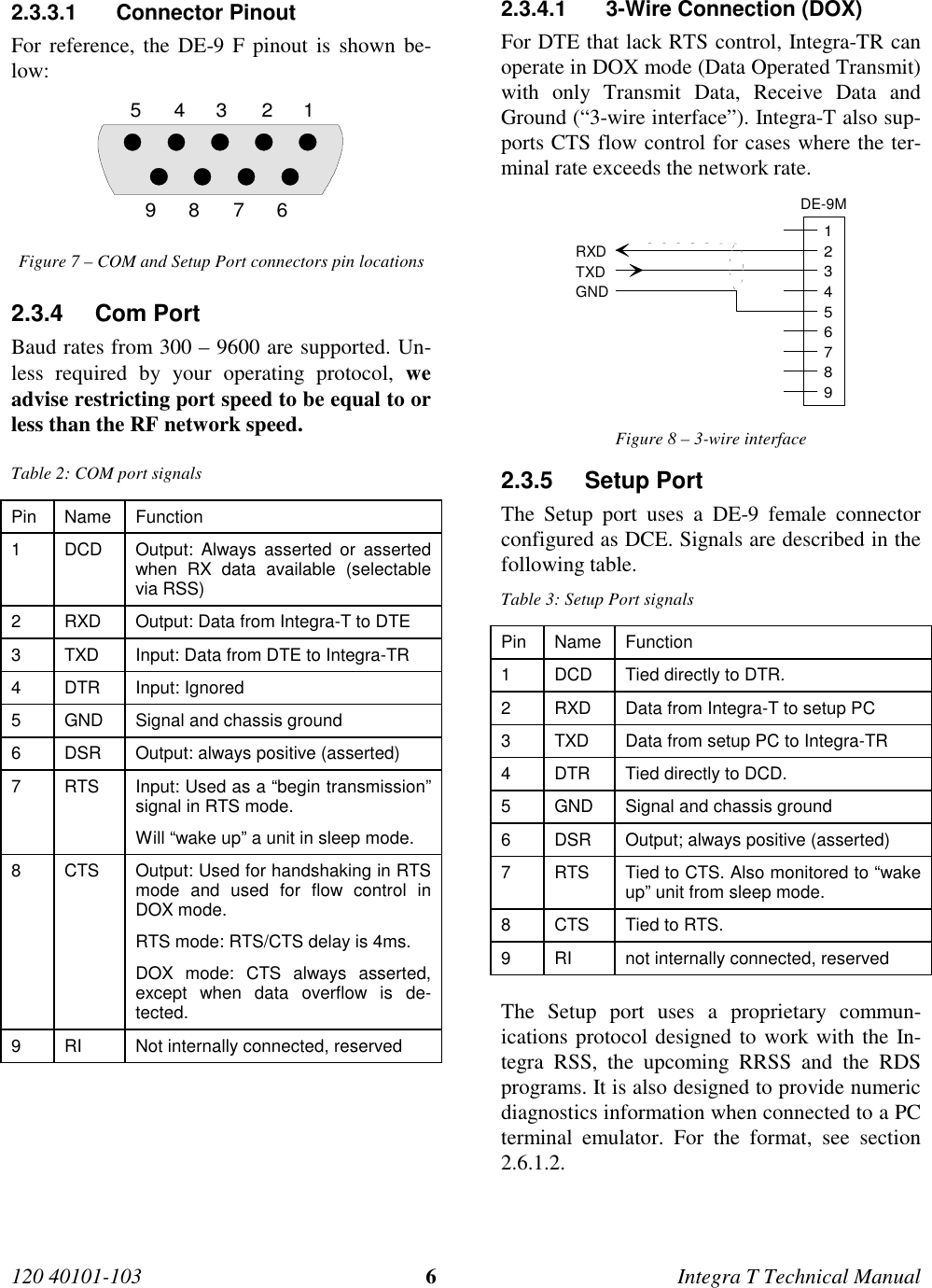 120 40101-103 6Integra T Technical Manual2.3.3.1 Connector PinoutFor reference, the DE-9 F pinout is shown be-low:123456789Figure 7 – COM and Setup Port connectors pin locations2.3.4 Com PortBaud rates from 300 – 9600 are supported. Un-less required by your operating protocol, weadvise restricting port speed to be equal to orless than the RF network speed.Table 2: COM port signalsPin Name Function1 DCD Output: Always asserted or assertedwhen RX data available (selectablevia RSS)2 RXD Output: Data from Integra-T to DTE3 TXD Input: Data from DTE to Integra-TR4 DTR Input: Ignored5 GND Signal and chassis ground6 DSR Output: always positive (asserted)7 RTS Input: Used as a “begin transmission”signal in RTS mode.Will “wake up” a unit in sleep mode.8 CTS Output: Used for handshaking in RTSmode and used for flow control inDOX mode.RTS mode: RTS/CTS delay is 4ms.DOX mode: CTS always asserted,except when data overflow is de-tected.9 RI Not internally connected, reserved2.3.4.1  3-Wire Connection (DOX)For DTE that lack RTS control, Integra-TR canoperate in DOX mode (Data Operated Transmit)with only Transmit Data, Receive Data andGround (“3-wire interface”). Integra-T also sup-ports CTS flow control for cases where the ter-minal rate exceeds the network rate.123456789RXDTXDGNDDE-9MFigure 8 – 3-wire interface2.3.5 Setup Port The Setup port uses a DE-9 female connectorconfigured as DCE. Signals are described in thefollowing table. Table 3: Setup Port signals Pin  Name  Function 1 DCD  Tied directly to DTR. 2 RXD  Data from Integra-T to setup PC 3 TXD  Data from setup PC to Integra-TR 4 DTR  Tied directly to DCD. 5 GND  Signal and chassis ground 6 DSR  Output; always positive (asserted) 7 RTS  Tied to CTS. Also monitored to “wakeup” unit from sleep mode. 8 CTS  Tied to RTS. 9 RI  not internally connected, reserved The Setup port uses a proprietary commun-ications protocol designed to work with the In-tegra RSS, the upcoming RRSS and the RDSprograms. It is also designed to provide numericdiagnostics information when connected to a PCterminal emulator. For the format, see section2.6.1.2.