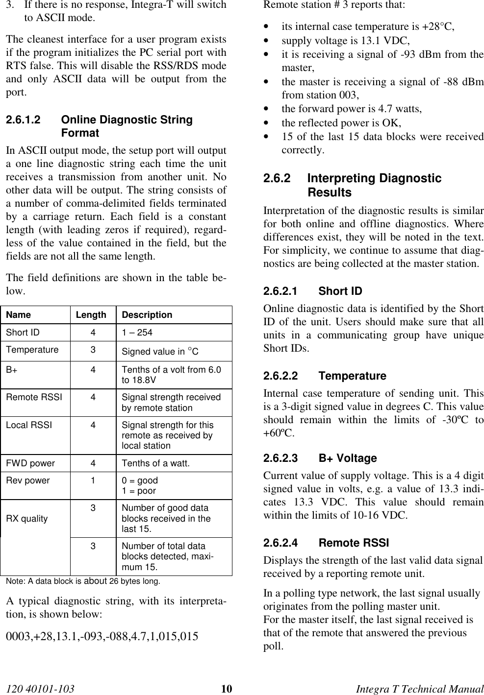 120 40101-103 10 Integra T Technical Manual3. If there is no response, Integra-T will switchto ASCII mode.The cleanest interface for a user program existsif the program initializes the PC serial port withRTS false. This will disable the RSS/RDS modeand only ASCII data will be output from theport.2.6.1.2  Online Diagnostic StringFormatIn ASCII output mode, the setup port will outputa one line diagnostic string each time the unitreceives a transmission from another unit. Noother data will be output. The string consists ofa number of comma-delimited fields terminatedby a carriage return. Each field is a constantlength (with leading zeros if required), regard-less of the value contained in the field, but thefields are not all the same length.The field definitions are shown in the table be-low.Name Length DescriptionShort ID 4 1 – 254Temperature 3 Signed value in °CB+ 4 Tenths of a volt from 6.0to 18.8VRemote RSSI 4 Signal strength receivedby remote stationLocal RSSI 4 Signal strength for thisremote as received bylocal stationFWD power 4 Tenths of a watt.Rev power 1 0 = good1 = poorRX quality 3 Number of good datablocks received in thelast 15.3 Number of total datablocks detected, maxi-mum 15.Note: A data block is about 26 bytes long.A typical diagnostic string, with its interpreta-tion, is shown below:0003,+28,13.1,-093,-088,4.7,1,015,015Remote station # 3 reports that:• its internal case temperature is +28°C,• supply voltage is 13.1 VDC,• it is receiving a signal of -93 dBm from themaster,• the master is receiving a signal of -88 dBmfrom station 003,• the forward power is 4.7 watts,• the reflected power is OK,• 15 of the last 15 data blocks were receivedcorrectly.2.6.2 Interpreting DiagnosticResults Interpretation of the diagnostic results is similarfor both online and offline diagnostics. Wheredifferences exist, they will be noted in the text.For simplicity, we continue to assume that diag-nostics are being collected at the master station.2.6.2.1 Short ID Online diagnostic data is identified by the ShortID of the unit. Users should make sure that allunits in a communicating group have uniqueShort IDs.2.6.2.2 Temperature Internal case temperature of sending unit. Thisis a 3-digit signed value in degrees C. This valueshould remain within the limits of -30ºC to+60ºC.2.6.2.3 B+ Voltage Current value of supply voltage. This is a 4 digitsigned value in volts, e.g. a value of 13.3 indi-cates 13.3 VDC. This value should remainwithin the limits of 10-16 VDC.2.6.2.4 Remote RSSIDisplays the strength of the last valid data signalreceived by a reporting remote unit.In a polling type network, the last signal usuallyoriginates from the polling master unit.For the master itself, the last signal received isthat of the remote that answered the previouspoll.