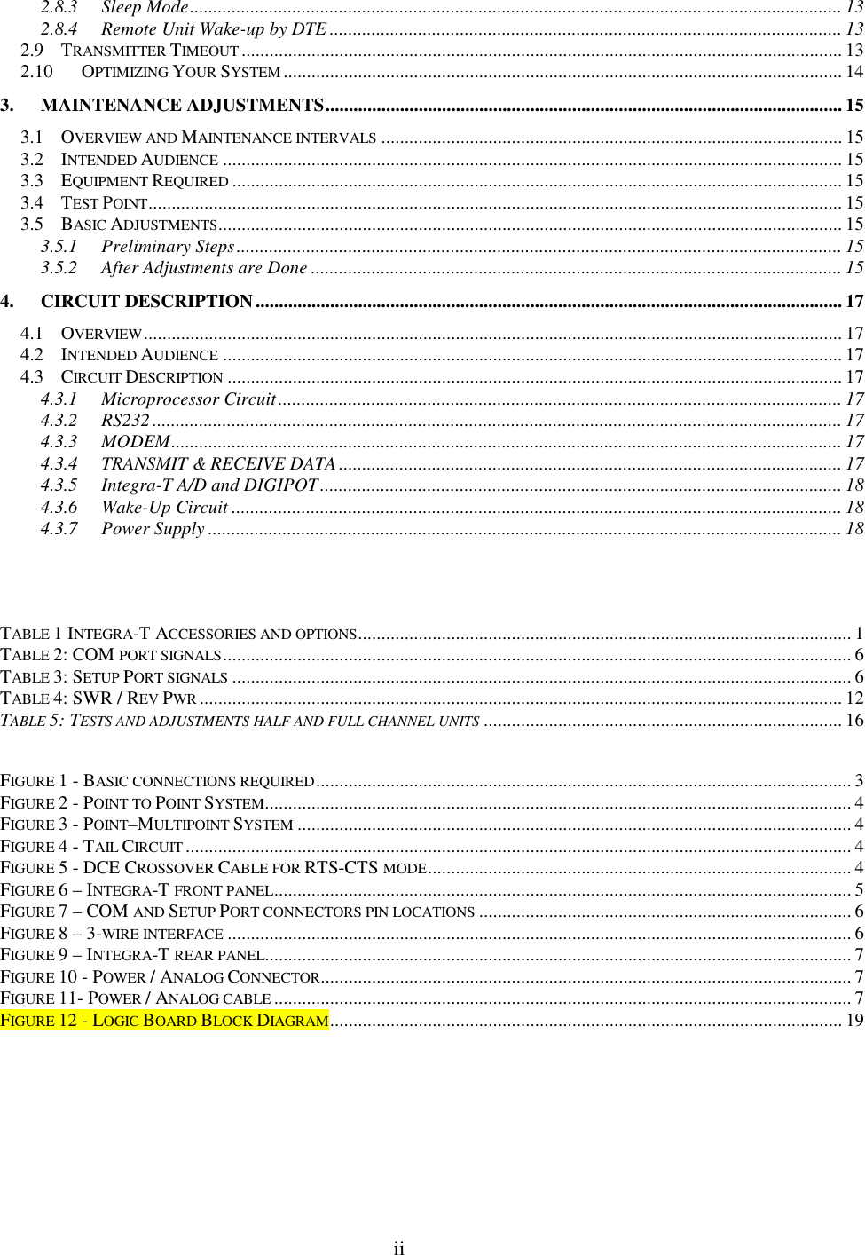 ii2.8.3 Sleep Mode............................................................................................................................................ 132.8.4 Remote Unit Wake-up by DTE .............................................................................................................. 132.9 TRANSMITTER TIMEOUT ................................................................................................................................. 132.10 OPTIMIZING YOUR SYSTEM ........................................................................................................................ 143. MAINTENANCE ADJUSTMENTS............................................................................................................... 153.1 OVERVIEW AND MAINTENANCE INTERVALS ................................................................................................... 153.2 INTENDED AUDIENCE ..................................................................................................................................... 153.3 EQUIPMENT REQUIRED ................................................................................................................................... 153.4 TEST POINT..................................................................................................................................................... 153.5 BASIC ADJUSTMENTS...................................................................................................................................... 153.5.1 Preliminary Steps.................................................................................................................................. 153.5.2 After Adjustments are Done .................................................................................................................. 154. CIRCUIT DESCRIPTION.............................................................................................................................. 174.1 OVERVIEW...................................................................................................................................................... 174.2 INTENDED AUDIENCE ..................................................................................................................................... 174.3 CIRCUIT DESCRIPTION .................................................................................................................................... 174.3.1 Microprocessor Circuit......................................................................................................................... 174.3.2 RS232.................................................................................................................................................... 174.3.3 MODEM................................................................................................................................................ 174.3.4 TRANSMIT &amp; RECEIVE DATA ............................................................................................................ 174.3.5 Integra-T A/D and DIGIPOT................................................................................................................ 184.3.6 Wake-Up Circuit ................................................................................................................................... 184.3.7 Power Supply ........................................................................................................................................ 18TABLE 1 INTEGRA-T ACCESSORIES AND OPTIONS.......................................................................................................... 1TABLE 2: COM PORT SIGNALS....................................................................................................................................... 6TABLE 3: SETUP PORT SIGNALS ..................................................................................................................................... 6TABLE 4: SWR / REV PWR .......................................................................................................................................... 12TABLE 5: TESTS AND ADJUSTMENTS HALF AND FULL CHANNEL UNITS ............................................................................. 16FIGURE 1 - BASIC CONNECTIONS REQUIRED................................................................................................................... 3FIGURE 2 - POINT TO POINT SYSTEM.............................................................................................................................. 4FIGURE 3 - POINT–MULTIPOINT SYSTEM ....................................................................................................................... 4FIGURE 4 - TAIL CIRCUIT ............................................................................................................................................... 4FIGURE 5 - DCE CROSSOVER CABLE FOR RTS-CTS MODE........................................................................................... 4FIGURE 6 – INTEGRA-T FRONT PANEL............................................................................................................................ 5FIGURE 7 – COM AND SETUP PORT CONNECTORS PIN LOCATIONS ................................................................................ 6FIGURE 8 – 3-WIRE INTERFACE ...................................................................................................................................... 6FIGURE 9 – INTEGRA-T REAR PANEL.............................................................................................................................. 7FIGURE 10 - POWER / ANALOG CONNECTOR.................................................................................................................. 7FIGURE 11- POWER / ANALOG CABLE ............................................................................................................................ 7FIGURE 12 - LOGIC BOARD BLOCK DIAGRAM.............................................................................................................. 19