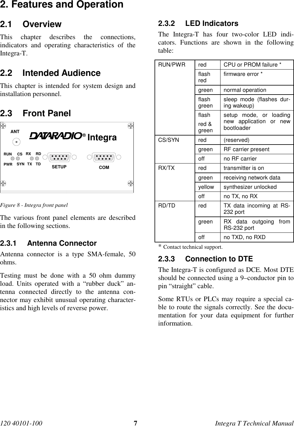 120 40101-100 7Integra T Technical Manual2. Features and Operation2.1 OverviewThis chapter describes the connections,indicators and operating characteristics of theIntegra-T.2.2 Intended AudienceThis chapter is intended for system design andinstallation personnel.2.3 Front PanelIntegra®ANTSETUP COMRUN CS RX RDPWR SYN TXTDFigure 8 - Integra front panelThe various front panel elements are describedin the following sections.2.3.1 Antenna ConnectorAntenna connector is a type SMA-female, 50ohms.Testing must be done with a 50 ohm dummyload. Units operated with a “rubber duck” an-tenna connected directly to the antenna con-nector may exhibit unusual operating character-istics and high levels of reverse power.2.3.2 LED IndicatorsThe Integra-T has four two-color LED indi-cators. Functions are shown in the followingtable:RUN/PWR red CPU or PROM failure *flashred firmware error *green normal operationflashgreen sleep mode (flashes dur-ing wakeup)flashred &amp;greensetup mode, or loadingnew application or newbootloaderCS/SYN red (reserved)green RF carrier presentoff no RF carrierRX/TX red transmitter is ongreen receiving network datayellow synthesizer unlockedoff no TX, no RXRD/TD red TX data incoming at RS-232 portgreen RX data outgoing fromRS-232 portoff no TXD, no RXD* Contact technical support.2.3.3  Connection to DTEThe Integra-T is configured as DCE. Most DTEshould be connected using a 9–conductor pin topin “straight” cable.Some RTUs or PLCs may require a special ca-ble to route the signals correctly. See the docu-mentation for your data equipment for furtherinformation.