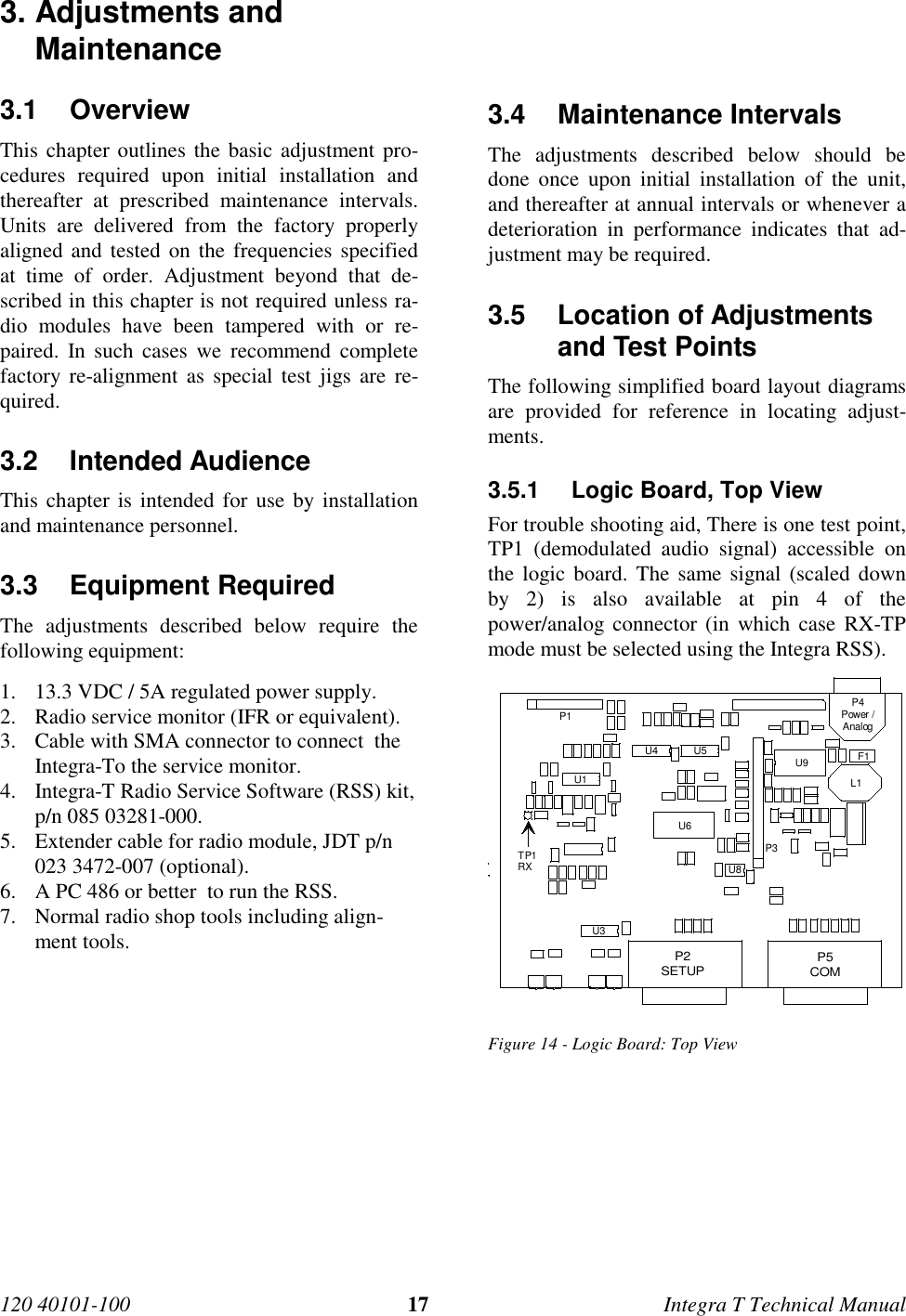 120 40101-100 17 Integra T Technical Manual3. Adjustments andMaintenance3.1 OverviewThis chapter outlines the basic adjustment pro-cedures required upon initial installation andthereafter at prescribed maintenance intervals.Units are delivered from the factory properlyaligned and tested on the frequencies specifiedat time of order. Adjustment beyond that de-scribed in this chapter is not required unless ra-dio modules have been tampered with or re-paired. In such cases we recommend completefactory re-alignment as special test jigs are re-quired.3.2 Intended AudienceThis chapter is intended for use by installationand maintenance personnel.3.3 Equipment RequiredThe adjustments described below require thefollowing equipment:1. 13.3 VDC / 5A regulated power supply.2. Radio service monitor (IFR or equivalent).3. Cable with SMA connector to connect  theIntegra-To the service monitor.4. Integra-T Radio Service Software (RSS) kit,p/n 085 03281-000.5. Extender cable for radio module, JDT p/n023 3472-007 (optional).6. A PC 486 or better  to run the RSS.7. Normal radio shop tools including align-ment tools.3.4 Maintenance IntervalsThe adjustments described below should bedone once upon initial installation of the unit,and thereafter at annual intervals or whenever adeterioration in performance indicates that ad-justment may be required.3.5 Location of Adjustmentsand Test PointsThe following simplified board layout diagramsare provided for reference in locating adjust-ments.3.5.1  Logic Board, Top ViewFor trouble shooting aid, There is one test point,TP1 (demodulated audio signal) accessible onthe logic board. The same signal (scaled downby 2) is also available at pin 4 of thepower/analog connector (in which case RX-TPmode must be selected using the Integra RSS).P1U6P5COMP2SETUPF1P3L1U3U8P4Power /AnalogU9U4 U5U1TP1RXFigure 14 - Logic Board: Top View