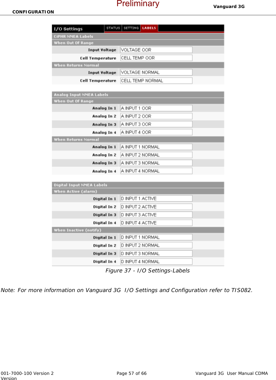                                  Vanguard 3G  CONFIGURATION  001-7000-100 Version 2       Page 57 of 66       Vanguard 3G  User Manual CDMA Version Figure 37 - I/O Settings-Labels   Note: For more information on Vanguard 3G  I/O Settings and Configuration refer to TIS082.Preliminary