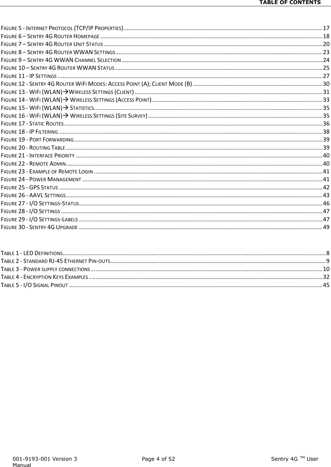                                                                          TABLE OF CONTENTS   001-9193-001 Version 3            Page 4 of 52                                                     Sentry 4G TM User Manual FIGURE 5 - INTERNET PROTOCOL (TCP/IP PROPERTIES) ......................................................................................................................... 17 FIGURE 6 – SENTRY 4G ROUTER HOMEPAGE ....................................................................................................................................... 18 FIGURE 7 – SENTRY 4G ROUTER UNIT STATUS ..................................................................................................................................... 20 FIGURE 8 – SENTRY 4G ROUTER WWAN SETTINGS .............................................................................................................................. 23 FIGURE 9 – SENTRY 4G WWAN CHANNEL SELECTION .......................................................................................................................... 24 FIGURE 10 – SENTRY 4G ROUTER WWAN STATUS .............................................................................................................................. 25 FIGURE 11 - IP SETTINGS ................................................................................................................................................................. 27 FIGURE 12 - SENTRY 4G ROUTER WIFI MODES: ACCESS POINT (A); CLIENT MODE (B) ............................................................................... 30 FIGURE 13 - WIFI (WLAN)WIRELESS SETTINGS (CLIENT) .................................................................................................................. 31 FIGURE 14 - WIFI (WLAN) WIRELESS SETTINGS (ACCESS POINT) ........................................................................................................ 33 FIGURE 15 - WIFI (WLAN) STATISTICS........................................................................................................................................... 35 FIGURE 16 - WIFI (WLAN) WIRELESS SETTINGS (SITE SURVEY) .......................................................................................................... 35 FIGURE 17 - STATIC ROUTES ............................................................................................................................................................. 36 FIGURE 18 - IP FILTERING ................................................................................................................................................................ 38 FIGURE 19 - PORT FORWARDING ....................................................................................................................................................... 39 FIGURE 20 - ROUTING TABLE ............................................................................................................................................................ 39 FIGURE 21 - INTERFACE PRIORITY ...................................................................................................................................................... 40 FIGURE 22 - REMOTE ADMIN ............................................................................................................................................................ 40 FIGURE 23 - EXAMPLE OF REMOTE LOGIN ........................................................................................................................................... 41 FIGURE 24 - POWER MANAGEMENT .................................................................................................................................................. 41 FIGURE 25 - GPS STATUS ................................................................................................................................................................ 42 FIGURE 26 - AAVL SETTINGS ............................................................................................................................................................ 43 FIGURE 27 - I/O SETTINGS-STATUS .................................................................................................................................................... 46 FIGURE 28 - I/O SETTINGS ............................................................................................................................................................... 47 FIGURE 29 - I/O SETTINGS-LABELS .................................................................................................................................................... 47 FIGURE 30 - SENTRY 4G UPGRADE .................................................................................................................................................... 49   TABLE 1 - LED DEFINITIONS................................................................................................................................................................ 8 TABLE 2 - STANDARD RJ-45 ETHERNET PIN-OUTS ................................................................................................................................... 9 TABLE 3 - POWER SUPPLY CONNECTIONS ............................................................................................................................................. 10 TABLE 4 - ENCRYPTION KEYS EXAMPLES .............................................................................................................................................. 32 TABLE 5 - I/O SIGNAL PINOUT .......................................................................................................................................................... 45 