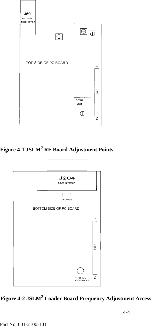 4-4                                           Part No. 001-2100-101C554, C527 Transmit TunersDCXOFigure 4-1 JSLM2 RF Board Adjustment PointsFigure 4-2 JSLM2 Loader Board Frequency Adjustment Access 