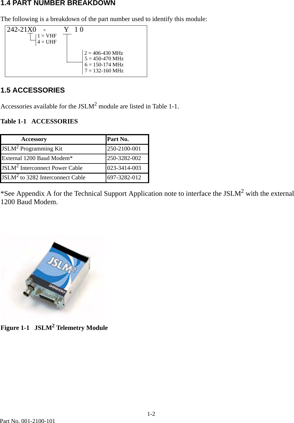 1-2Part No. 001-2100-1011.4 PART NUMBER BREAKDOWNThe following is a breakdown of the part number used to identify this module:1.5 ACCESSORIESAccessories available for the JSLM2 module are listed in Table 1-1.*See Appendix A for the Technical Support Application note to interface the JSLM2 with the external 1200 Baud Modem.Figure 1-1   JSLM2 Telemetry ModuleTable 1-1   ACCESSORIES             Accessory Part No.JSLM2 Programming Kit 250-2100-001External 1200 Baud Modem* 250-3282-002JSLM2 Interconnect Power Cable 023-3414-003JSLM2 to 3282 Interconnect Cable 697-3282-012242-21X0    -          Y   1 07 = 132-160 MHz 6 = 150-174 MHz5 = 450-470 MHz2 = 406-430 MHz1 = VHF4 = UHF