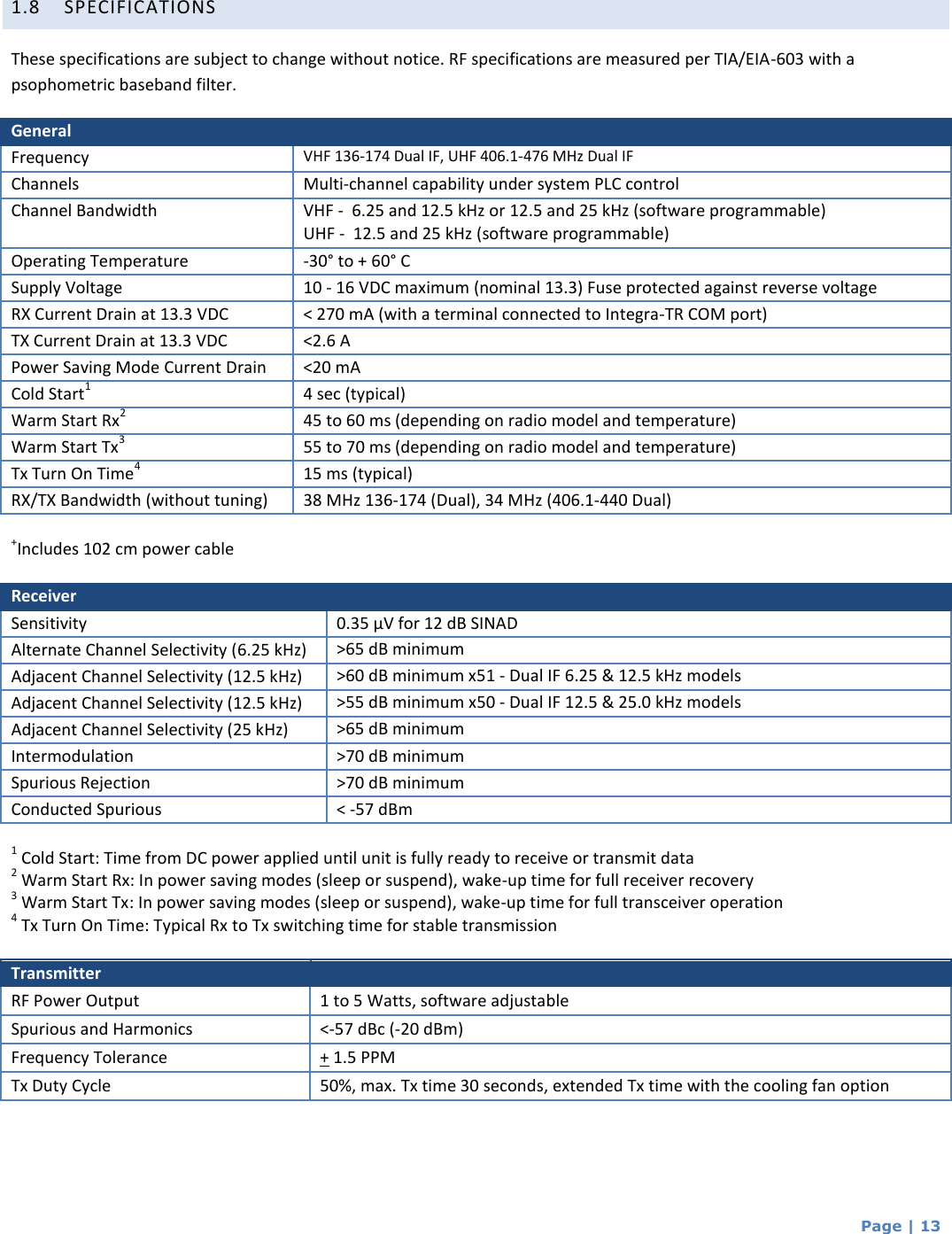  Page | 13   1.8 SPECIFICATIONS These specifications are subject to change without notice. RF specifications are measured per TIA/EIA-603 with a psophometric baseband filter. General  Frequency VHF 136-174 Dual IF, UHF 406.1-476 MHz Dual IF Channels Multi-channel capability under system PLC control Channel Bandwidth VHF -  6.25 and 12.5 kHz or 12.5 and 25 kHz (software programmable) UHF -  12.5 and 25 kHz (software programmable)  Operating Temperature -30° to + 60° C Supply Voltage 10 - 16 VDC maximum (nominal 13.3) Fuse protected against reverse voltage (internal surface mount 3A fuse: not field replaceable) RX Current Drain at 13.3 VDC &lt; 270 mA (with a terminal connected to Integra-TR COM port) TX Current Drain at 13.3 VDC &lt;2.6 A Power Saving Mode Current Drain &lt;20 mA Cold Start1 4 sec (typical) Warm Start Rx2 45 to 60 ms (depending on radio model and temperature) Warm Start Tx3 55 to 70 ms (depending on radio model and temperature) Tx Turn On Time4 15 ms (typical) RX/TX Bandwidth (without tuning) 38 MHz 136-174 (Dual), 34 MHz (406.1-440 Dual) 36 MHz (440-476 Dual)  +Includes 102 cm power cable  Receiver  Sensitivity 0.35 µV for 12 dB SINAD Alternate Channel Selectivity (6.25 kHz)  &gt;65 dB minimum  Adjacent Channel Selectivity (12.5 kHz) &gt;60 dB minimum x51 - Dual IF 6.25 &amp; 12.5 kHz models  Adjacent Channel Selectivity (12.5 kHz) &gt;55 dB minimum x50 - Dual IF 12.5 &amp; 25.0 kHz models  Adjacent Channel Selectivity (25 kHz)  &gt;65 dB minimum  Intermodulation  &gt;70 dB minimum Spurious Rejection &gt;70 dB minimum Conducted Spurious  &lt; -57 dBm  1 Cold Start: Time from DC power applied until unit is fully ready to receive or transmit data 2 Warm Start Rx: In power saving modes (sleep or suspend), wake-up time for full receiver recovery 3 Warm Start Tx: In power saving modes (sleep or suspend), wake-up time for full transceiver operation 4 Tx Turn On Time: Typical Rx to Tx switching time for stable transmission  Transmitter  RF Power Output  1 to 5 Watts, software adjustable Spurious and Harmonics  &lt;-57 dBc (-20 dBm) Frequency Tolerance + 1.5 PPM Tx Duty Cycle  50%, max. Tx time 30 seconds, extended Tx time with the cooling fan option    