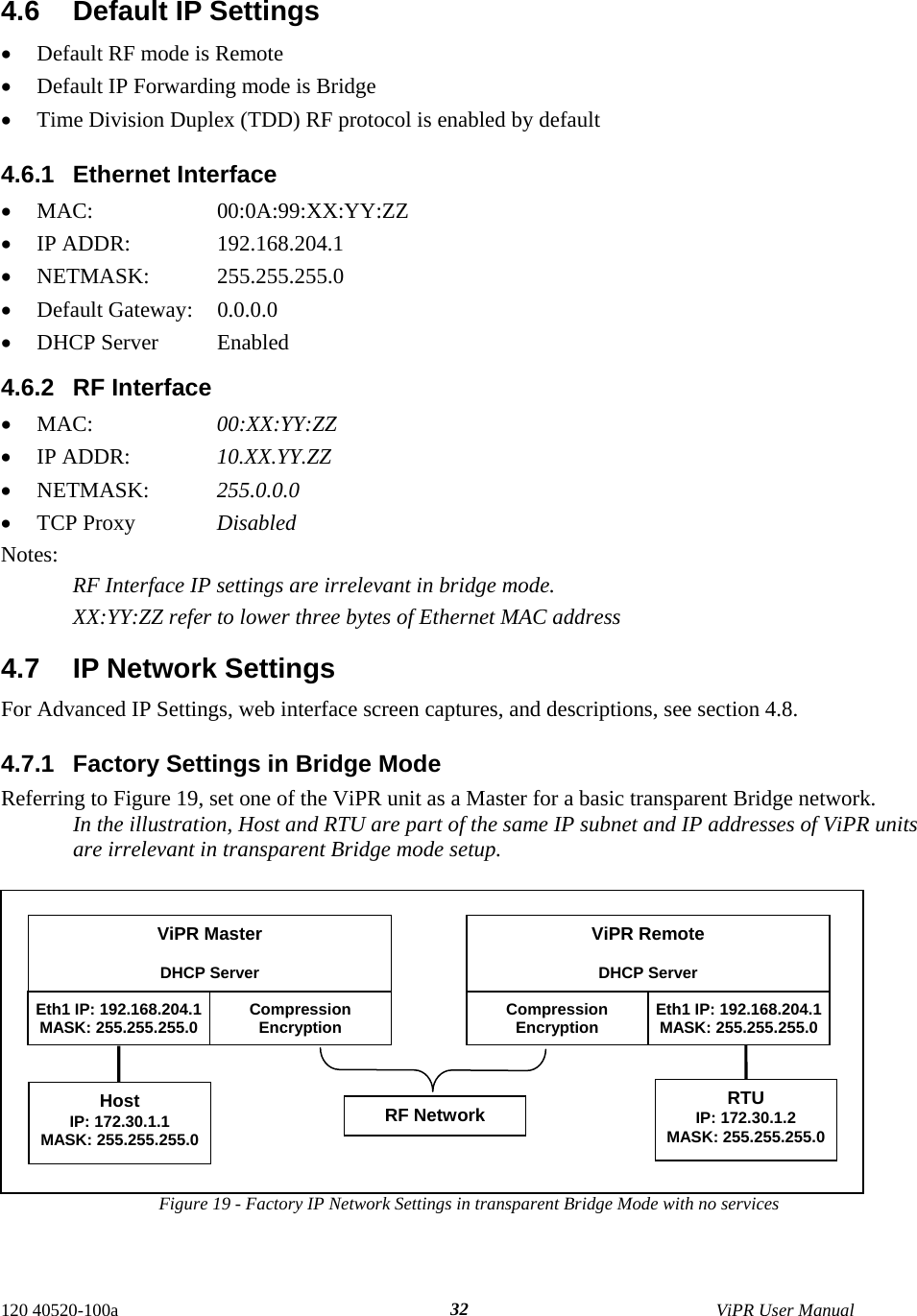  120 40520-100a    ViPR User Manual  324.6  Default IP Settings •  Default RF mode is Remote  •  Default IP Forwarding mode is Bridge •  Time Division Duplex (TDD) RF protocol is enabled by default 4.6.1 Ethernet Interface •  MAC:     00:0A:99:XX:YY:ZZ •  IP ADDR:    192.168.204.1 •  NETMASK:   255.255.255.0 •  Default Gateway:   0.0.0.0 •  DHCP Server  Enabled 4.6.2 RF Interface •  MAC:     00:XX:YY:ZZ •  IP ADDR:    10.XX.YY.ZZ •  NETMASK:   255.0.0.0 •  TCP Proxy    Disabled Notes: RF Interface IP settings are irrelevant in bridge mode. XX:YY:ZZ refer to lower three bytes of Ethernet MAC address 4.7  IP Network Settings For Advanced IP Settings, web interface screen captures, and descriptions, see section 4.8. 4.7.1  Factory Settings in Bridge Mode Referring to Figure 19, set one of the ViPR unit as a Master for a basic transparent Bridge network. In the illustration, Host and RTU are part of the same IP subnet and IP addresses of ViPR units are irrelevant in transparent Bridge mode setup. Figure 19 - Factory IP Network Settings in transparent Bridge Mode with no services  ViPR Master  DHCP Server Eth1 IP: 192.168.204.1 MASK: 255.255.255.0  Compression Encryption ViPR Remote  DHCP Server Compression Encryption Eth1 IP: 192.168.204.1 MASK: 255.255.255.0 RF Network Host IP: 172.30.1.1 MASK: 255.255.255.0 RTU IP: 172.30.1.2 MASK: 255.255.255.0 