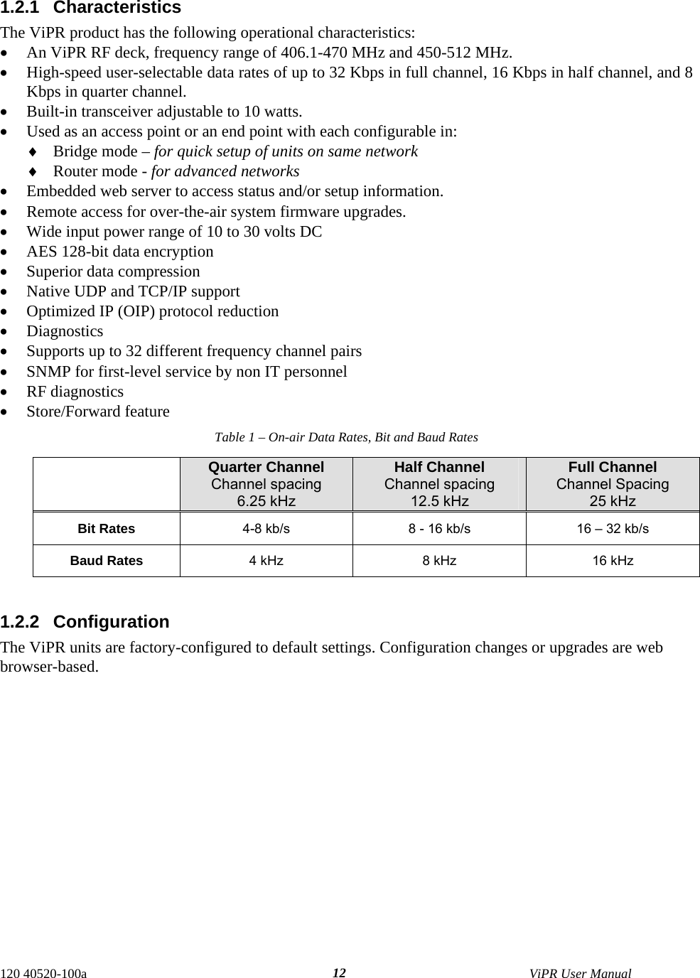  1.2.1 Characteristics The ViPR product has the following operational characteristics: •  An ViPR RF deck, frequency range of 406.1-470 MHz and 450-512 MHz. •  High-speed user-selectable data rates of up to 32 Kbps in full channel, 16 Kbps in half channel, and 8 Kbps in quarter channel. •  Built-in transceiver adjustable to 10 watts. •  Used as an access point or an end point with each configurable in: ♦  Bridge mode – for quick setup of units on same network ♦  Router mode - for advanced networks •  Embedded web server to access status and/or setup information. •  Remote access for over-the-air system firmware upgrades. •  Wide input power range of 10 to 30 volts DC  •  AES 128-bit data encryption  •  Superior data compression  •  Native UDP and TCP/IP support •  Optimized IP (OIP) protocol reduction •  Diagnostics •  Supports up to 32 different frequency channel pairs •  SNMP for first-level service by non IT personnel •  RF diagnostics •  Store/Forward feature Table 1 – On-air Data Rates, Bit and Baud Rates  Quarter Channel Channel spacing  6.25 kHz Half Channel Channel spacing  12.5 kHz Full Channel Channel Spacing 25 kHz Bit Rates 4-8 kb/s  8 - 16 kb/s  16 – 32 kb/s Baud Rates 4 kHz  8 kHz  16 kHz  1.2.2 Configuration The ViPR units are factory-configured to default settings. Configuration changes or upgrades are web browser-based. 120 40520-100a    ViPR User Manual  12