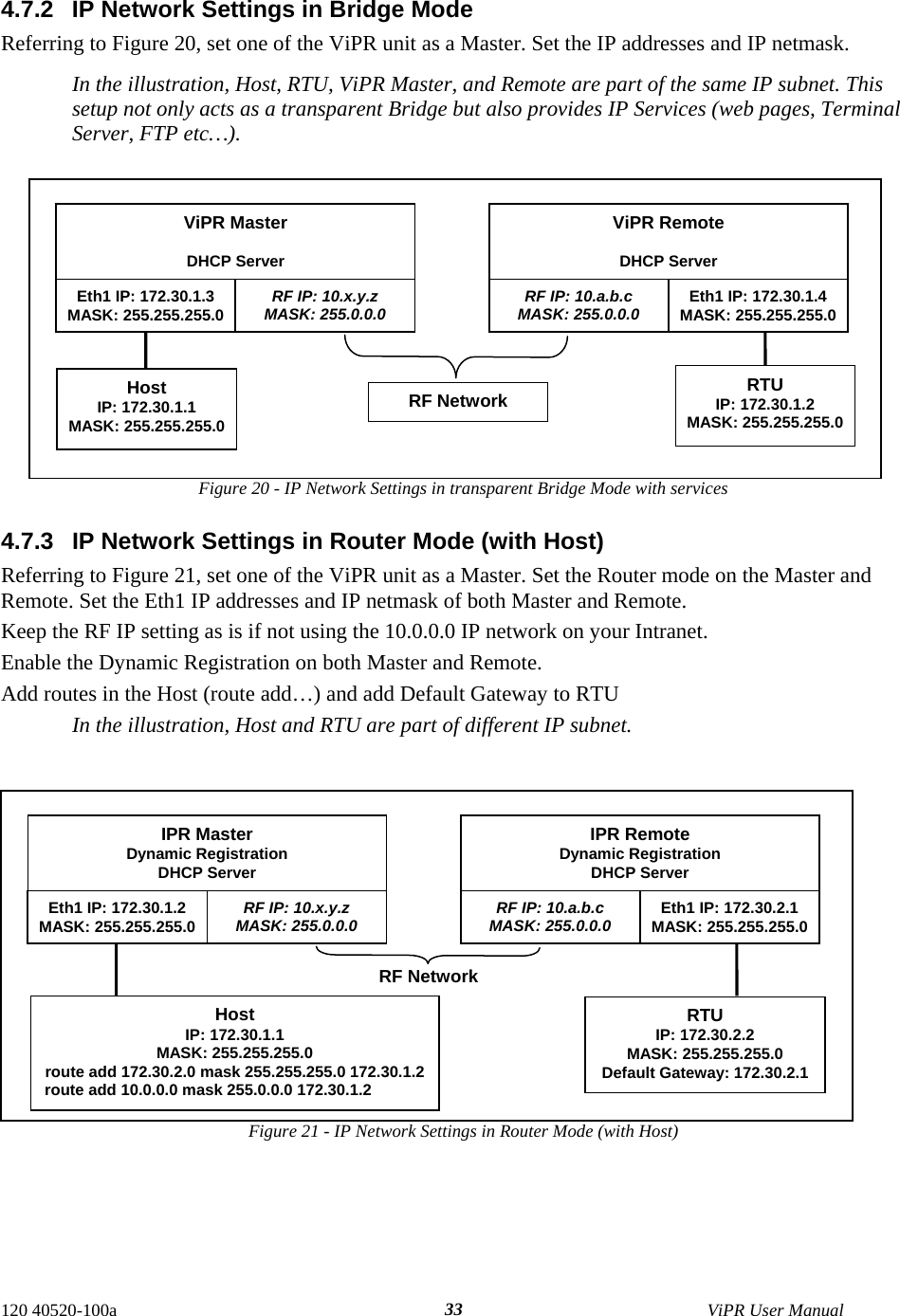  4.7.2  IP Network Settings in Bridge Mode Referring to Figure 20, set one of the ViPR unit as a Master. Set the IP addresses and IP netmask. In the illustration, Host, RTU, ViPR Master, and Remote are part of the same IP subnet. This setup not only acts as a transparent Bridge but also provides IP Services (web pages, Terminal Server, FTP etc…). Figure 20 - IP Network Settings in transparent Bridge Mode with services  ViPR Master  DHCP Server Eth1 IP: 172.30.1.3 MASK: 255.255.255.0  RF IP: 10.x.y.z MASK: 255.0.0.0 ViPR Remote  DHCP Server RF IP: 10.a.b.c MASK: 255.0.0.0 Eth1 IP: 172.30.1.4 MASK: 255.255.255.0RF Network Host IP: 172.30.1.1 MASK: 255.255.255.0 RTU IP: 172.30.1.2 MASK: 255.255.255.0 4.7.3  IP Network Settings in Router Mode (with Host) Referring to Figure 21, set one of the ViPR unit as a Master. Set the Router mode on the Master and Remote. Set the Eth1 IP addresses and IP netmask of both Master and Remote. Keep the RF IP setting as is if not using the 10.0.0.0 IP network on your Intranet. Enable the Dynamic Registration on both Master and Remote. Add routes in the Host (route add…) and add Default Gateway to RTU  In the illustration, Host and RTU are part of different IP subnet.  Figure 21 - IP Network Settings in Router Mode (with Host)  IPR Master Dynamic Registration DHCP Server Eth1 IP: 172.30.1.2 MASK: 255.255.255.0  RF IP: 10.x.y.z MASK: 255.0.0.0 IPR Remote Dynamic Registration DHCP Server RF IP: 10.a.b.c MASK: 255.0.0.0 Eth1 IP: 172.30.2.1 MASK: 255.255.255.0 RF Network Host IP: 172.30.1.1 MASK: 255.255.255.0 route add 172.30.2.0 mask 255.255.255.0 172.30.1.2    route add 10.0.0.0 mask 255.0.0.0 172.30.1.2 RTU IP: 172.30.2.2 MASK: 255.255.255.0 Default Gateway: 172.30.2.1 120 40520-100a    ViPR User Manual  33