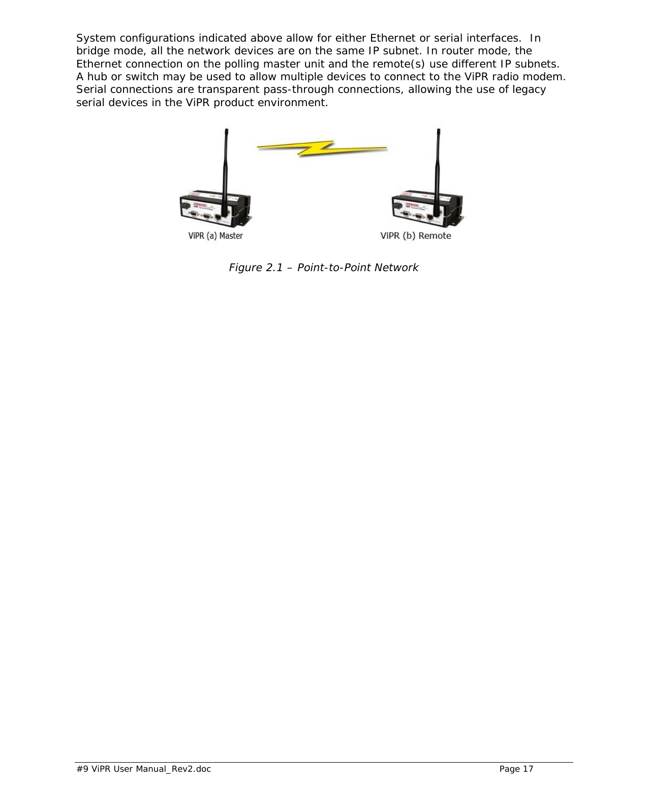  #9 ViPR User Manual_Rev2.doc    Page 17 System configurations indicated above allow for either Ethernet or serial interfaces.  In bridge mode, all the network devices are on the same IP subnet. In router mode, the Ethernet connection on the polling master unit and the remote(s) use different IP subnets.  A hub or switch may be used to allow multiple devices to connect to the ViPR radio modem.  Serial connections are transparent pass-through connections, allowing the use of legacy serial devices in the ViPR product environment.    Figure 2.1 – Point-to-Point Network  