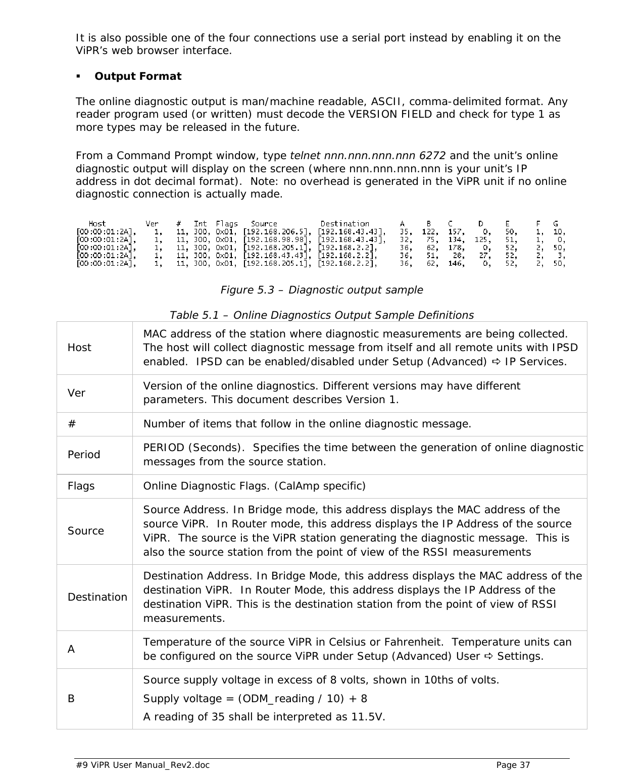  #9 ViPR User Manual_Rev2.doc    Page 37  It is also possible one of the four connections use a serial port instead by enabling it on the ViPR’s web browser interface.   Output Format The online diagnostic output is man/machine readable, ASCII, comma-delimited format. Any reader program used (or written) must decode the VERSION FIELD and check for type 1 as more types may be released in the future.   From a Command Prompt window, type telnet nnn.nnn.nnn.nnn 6272 and the unit’s online diagnostic output will display on the screen (where nnn.nnn.nnn.nnn is your unit’s IP address in dot decimal format).  Note: no overhead is generated in the ViPR unit if no online diagnostic connection is actually made.   Figure 5.3 – Diagnostic output sample Table 5.1 – Online Diagnostics Output Sample Definitions Host  MAC address of the station where diagnostic measurements are being collected.  The host will collect diagnostic message from itself and all remote units with IPSD enabled.  IPSD can be enabled/disabled under Setup (Advanced) D IP Services.  Ver  Version of the online diagnostics. Different versions may have different parameters. This document describes Version 1.  #  Number of items that follow in the online diagnostic message. Period  PERIOD (Seconds).  Specifies the time between the generation of online diagnostic messages from the source station. Flags  Online Diagnostic Flags. (CalAmp specific) Source Source Address. In Bridge mode, this address displays the MAC address of the source ViPR.  In Router mode, this address displays the IP Address of the source ViPR.  The source is the ViPR station generating the diagnostic message.  This is also the source station from the point of view of the RSSI measurements Destination Destination Address. In Bridge Mode, this address displays the MAC address of the destination ViPR.  In Router Mode, this address displays the IP Address of the destination ViPR. This is the destination station from the point of view of RSSI measurements. A  Temperature of the source ViPR in Celsius or Fahrenheit.  Temperature units can be configured on the source ViPR under Setup (Advanced) User D Settings. B Source supply voltage in excess of 8 volts, shown in 10ths of volts.  Supply voltage = (ODM_reading / 10) + 8 A reading of 35 shall be interpreted as 11.5V. 