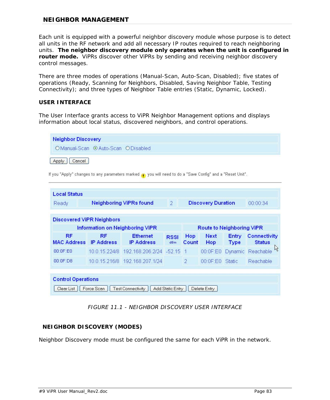  #9 ViPR User Manual_Rev2.doc    Page 83  NNEEIIGGHHBBOORR  MMAANNAAGGEEMMEENNTT  Each unit is equipped with a powerful neighbor discovery module whose purpose is to detect all units in the RF network and add all necessary IP routes required to reach neighboring units.  The neighbor discovery module only operates when the unit is configured in router mode.  ViPRs discover other ViPRs by sending and receiving neighbor discovery control messages.  There are three modes of operations (Manual-Scan, Auto-Scan, Disabled); five states of operations (Ready, Scanning for Neighbors, Disabled, Saving Neighbor Table, Testing Connectivity); and three types of Neighbor Table entries (Static, Dynamic, Locked). USER INTERFACE The User Interface grants access to ViPR Neighbor Management options and displays information about local status, discovered neighbors, and control operations.    FIGURE 11.1 - NEIGHBOR DISCOVERY USER INTERFACE    NEIGHBOR DISCOVERY (MODES) Neighbor Discovery mode must be configured the same for each ViPR in the network.