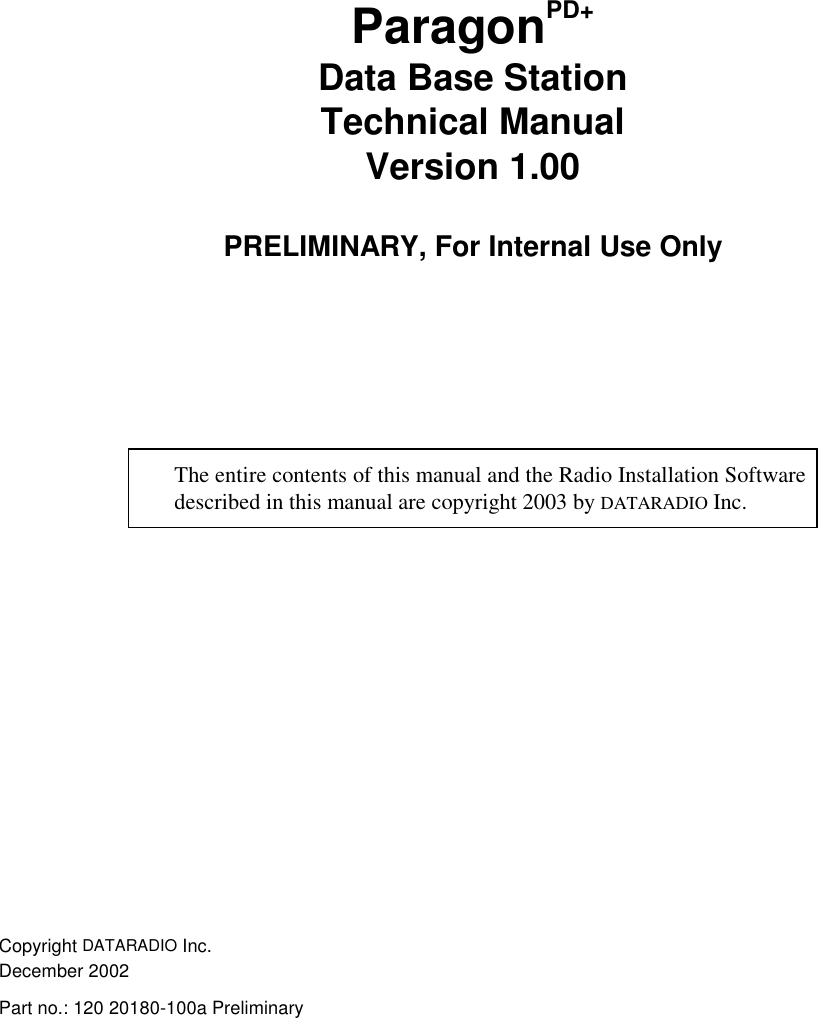 Page 1 of CalAmp Wireless Networks BDD4T85-1 Paragon/PD User Manual Parg PD  T100a Prelim