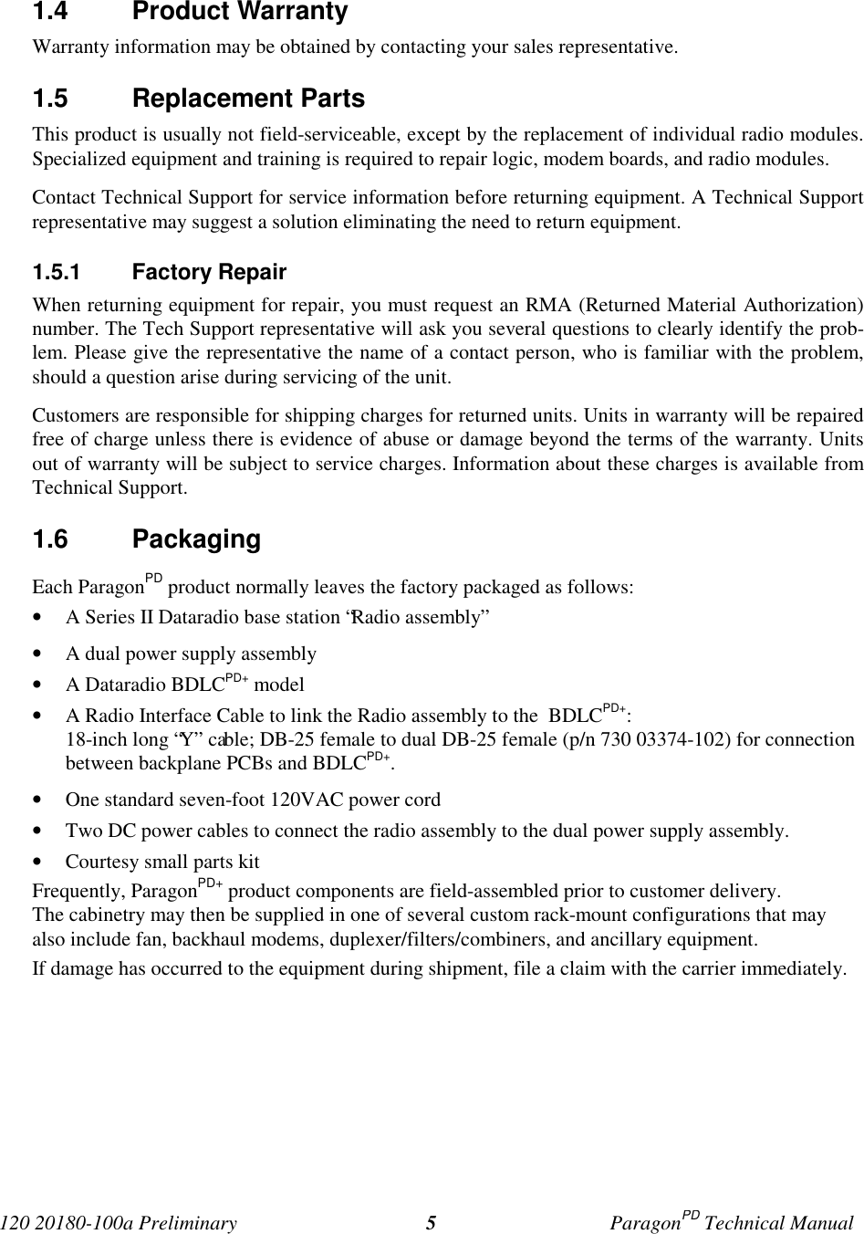 Page 9 of CalAmp Wireless Networks BDD4T85-1 Paragon/PD User Manual Parg PD  T100a Prelim