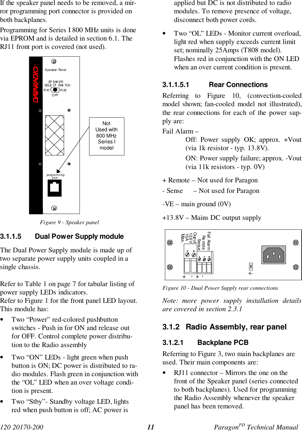 120 20170-200 ParagonPD Technical Manual11If the speaker panel needs to be removed, a mir-ror programming port connector is provided onboth backplanes.Programming for Series I 800 MHz units is donevia EPROM and is detailed in section 6.1. TheRJ11 front port is covered (not used).Figure 9 - Speaker panel3.1.1.5  Dual Power Supply moduleThe Dual Power Supply module is made up oftwo separate power supply units coupled in asingle chassis.Refer to Table 1 on page 7 for tabular listing ofpower supply LEDs indicators.Refer to Figure 1 for the front panel LED layout.This module has:• Two “Power” red-colored pushbuttonswitches - Push in for ON and release outfor OFF. Control complete power distribu-tion to the Radio assembly• Two “ON” LEDs - light green when pushbutton is ON; DC power is distributed to ra-dio modules. Flash green in conjunction withthe “OL” LED when an over voltage condi-tion is present.• Two “Stby”- Standby voltage LED, lightsred when push button is off; AC power isapplied but DC is not distributed to radiomodules. To remove presence of voltage,disconnect both power cords.• Two “OL” LEDs - Monitor current overload,light red when supply exceeds current limitset; nominally 25Amps (T808 model).Flashes red in conjunction with the ON LEDwhen an over current condition is present.3.1.1.5.1 Rear ConnectionsReferring to Figure 10, (convection-cooledmodel shown; fan-cooled model not illustrated),the rear connections for each of the power sup-ply are:Fail Alarm –Off: Power supply OK; approx. +Vout(via 1k resistor - typ. 13.8V).ON: Power supply failure; approx. -Vout(via 11k resistors - typ. 0V)+ Remote – Not used for Paragon- Sense     – Not used for Paragon-VE – main ground (0V)+13.8V – Mains DC output supplyFigure 10 - Dual Power Supply rear connectionsNote: more power supply installation detailsare covered in section 2.3.13.1.2  Radio Assembly, rear panel3.1.2.1 Backplane PCBReferring to Figure 3, two main backplanes areused. Their main components are:• RJ11 connector – Mirrors the one on thefront of the Speaker panel (series connectedto both backplanes). Used for programmingthe Radio Assembly whenever the speakerpanel has been removed.15A +-OuputSense +-Re moteFail Alarm13.6VMax.®Speaker Panelprogra mm ingportRX2RX1OFFSP EAK ERSELE CT  SWI TCHNotUsed with800 MHzSeries Imodel