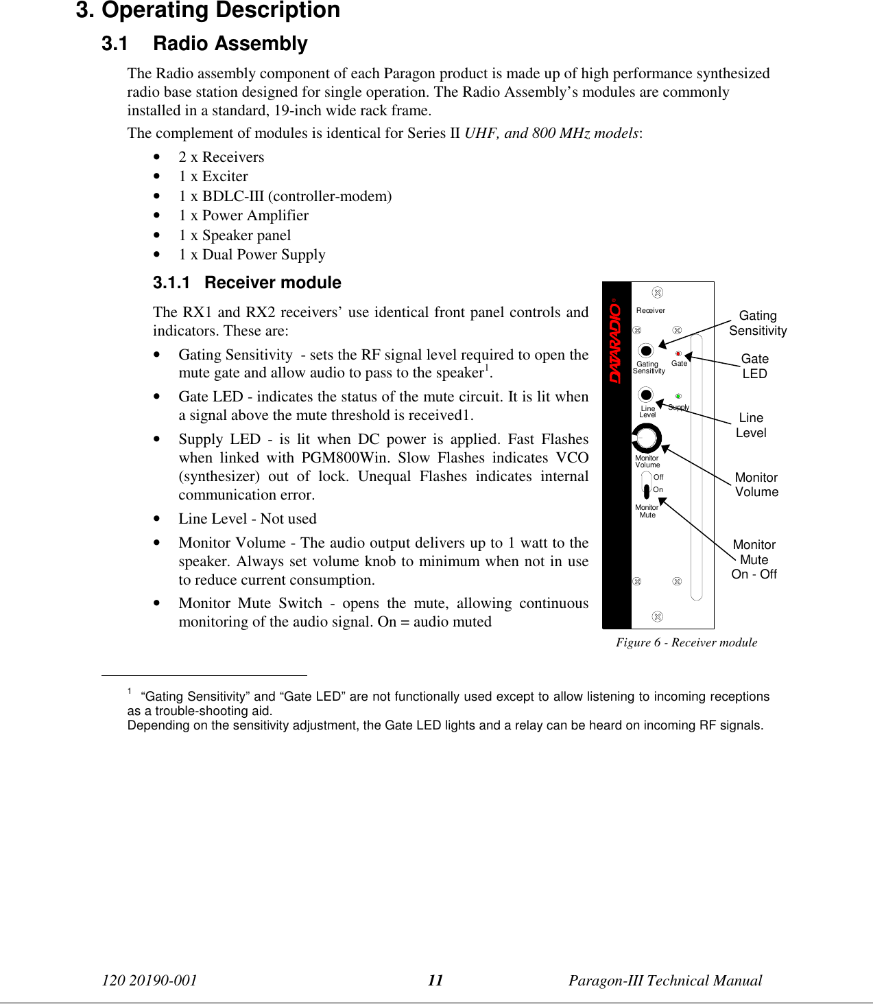 120 20190-001 Paragon-III Technical Manual113. Operating Description3.1 Radio Assembly The Radio assembly component of each Paragon product is made up of high performance synthesizedradio base station designed for single operation. The Radio Assembly’s modules are commonlyinstalled in a standard, 19-inch wide rack frame.The complement of modules is identical for Series II UHF, and 800 MHz models:• 2 x Receivers• 1 x Exciter• 1 x BDLC-III (controller-modem)• 1 x Power Amplifier• 1 x Speaker panel• 1 x Dual Power Supply3.1.1 Receiver moduleThe RX1 and RX2 receivers’ use identical front panel controls andindicators. These are:• Gating Sensitivity  - sets the RF signal level required to open themute gate and allow audio to pass to the speaker1.• Gate LED - indicates the status of the mute circuit. It is lit whena signal above the mute threshold is received1.• Supply LED - is lit when DC power is applied. Fast Flasheswhen linked with PGM800Win. Slow Flashes indicates VCO(synthesizer) out of lock. Unequal Flashes indicates internalcommunication error.• Line Level - Not used• Monitor Volume - The audio output delivers up to 1 watt to thespeaker. Always set volume knob to minimum when not in useto reduce current consumption.• Monitor Mute Switch - opens the mute, allowing continuousmonitoring of the audio signal. On = audio mutedFigure 6 - Receiver module                                           1  “Gating Sensitivity” and “Gate LED” are not functionally used except to allow listening to incoming receptionsas a trouble-shooting aid.Depending on the sensitivity adjustment, the Gate LED lights and a relay can be heard on incoming RF signals.GatingSensitivityGateLEDLineLevelMonitorVolumeMonitorMuteOn - OffReceiver®Gating GateLineLevel SupplySensitivityMonitorVolumeOffOnMonitorMute