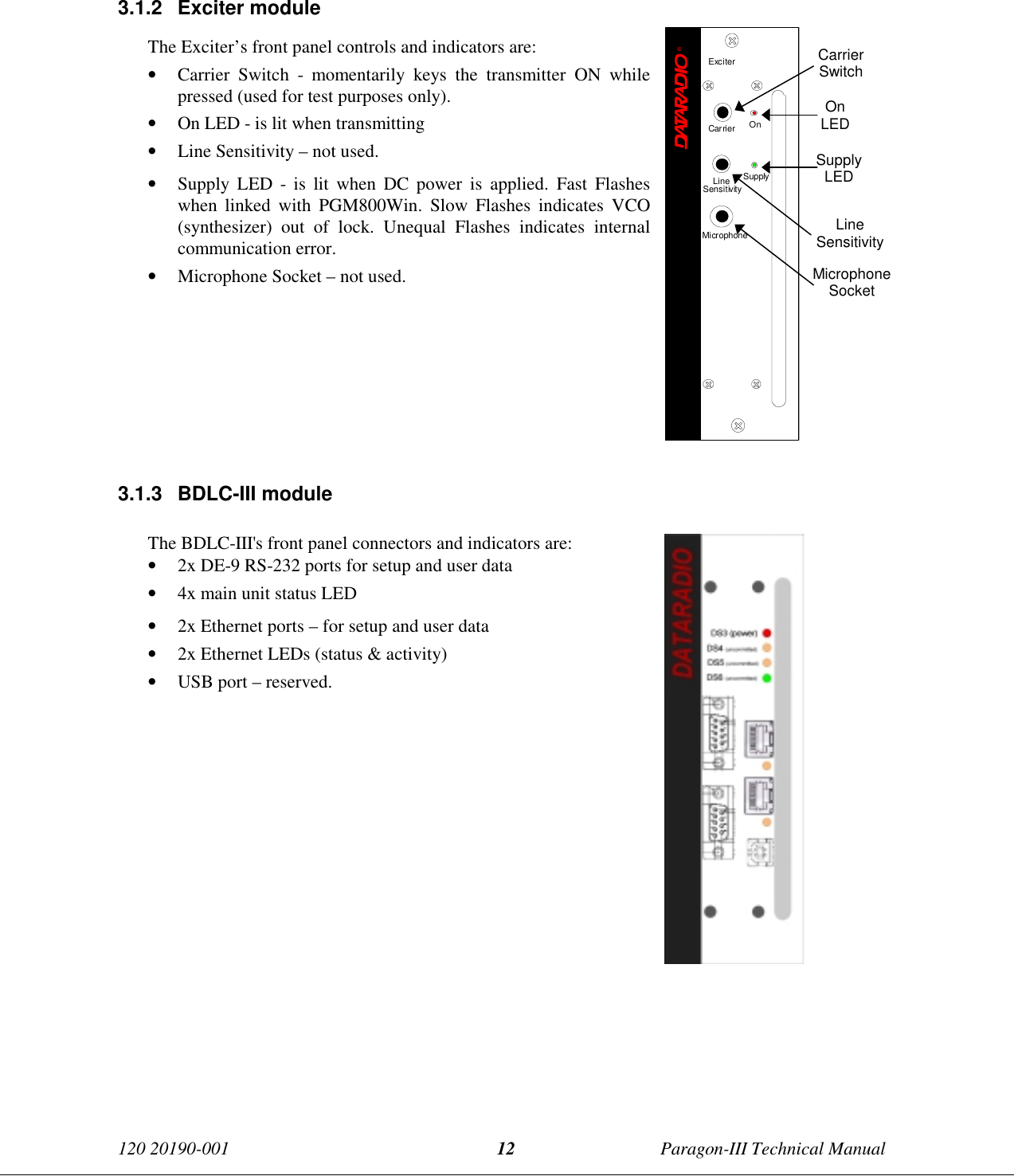 120 20190-001 Paragon-III Technical Manual123.1.2 Exciter moduleThe Exciter’s front panel controls and indicators are:• Carrier Switch - momentarily keys the transmitter ON whilepressed (used for test purposes only).• On LED - is lit when transmitting• Line Sensitivity – not used.• Supply LED - is lit when DC power is applied. Fast Flasheswhen linked with PGM800Win. Slow Flashes indicates VCO(synthesizer) out of lock. Unequal Flashes indicates internalcommunication error.• Microphone Socket – not used.3.1.3 BDLC-III moduleThe BDLC-III&apos;s front panel connectors and indicators are:• 2x DE-9 RS-232 ports for setup and user data• 4x main unit status LED• 2x Ethernet ports – for setup and user data• 2x Ethernet LEDs (status &amp; activity)• USB port – reserved.CarrierSwitchOnLEDSupplyLEDLineSensitivityMicrophoneSocket®ExciterCarrier OnLineSensitivitySupplyMicrophone