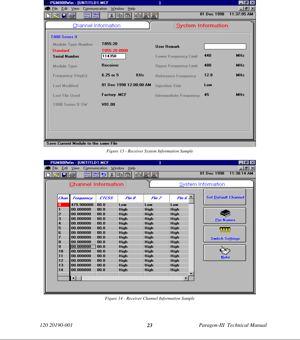 120 20190-001 Paragon-III  Technical Manual23Figure 13 - Receiver System Information SampleFigure 14 - Receiver Channel Information Sample