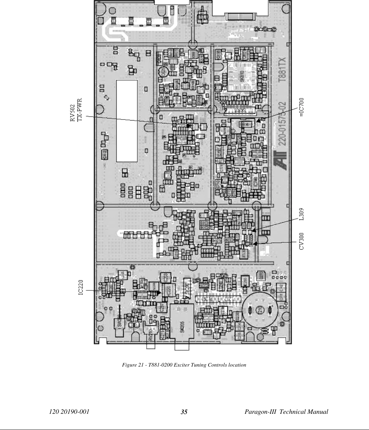 120 20190-001 Paragon-III  Technical Manual35Figure 21 - T881-0200 Exciter Tuning Controls location