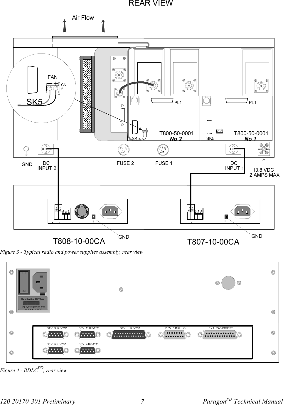 120 20170-301 Preliminary ParagonPD Technical Manual7Figure 3 - Typical radio and power supplies assembly, rear viewFigure 4 - BDLCPD, rear view Emp l oyer  u ni qu em ent  av ecun  fu si ble  de  25 0 VUse  on l y wi t h  a  250  V  fu s eDEV. 3  RS-232DEV. 5  RS-232D EV. 2  R S- 2 32DEV. 4  RS-232DEV. 1  RS-232 DEV. 6 DIG. I/O EXT. RADIO/TESTT808-10-00CAT807-10-00CAREAR VIEWAir FlowGNDDCINPUT 1FUSE 1FUSE 2DCINPUT 2 13.8 VDC2 AMPS MAXFUSEFUSEFUSEFUSEFUSEFUSE+-+-+-+-GNDGNDT800-50-0001No 1PL1SK5T800-50-0001No 2PL1SK5_+_+SK5_+FANCN2