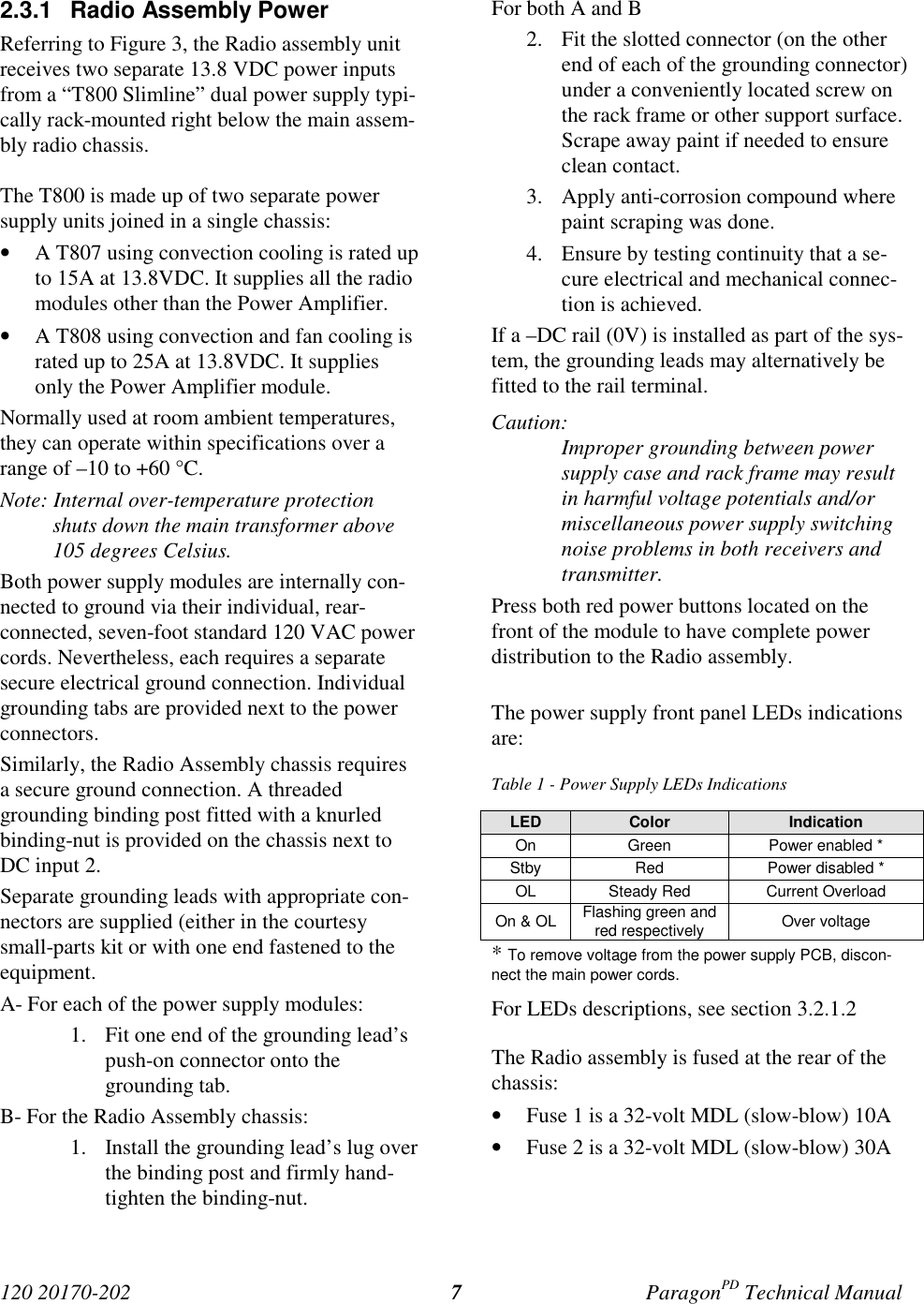 120 20170-202 ParagonPD Technical Manual72.3.1  Radio Assembly PowerReferring to Figure 3, the Radio assembly unitreceives two separate 13.8 VDC power inputsfrom a “T800 Slimline” dual power supply typi-cally rack-mounted right below the main assem-bly radio chassis.The T800 is made up of two separate powersupply units joined in a single chassis:• A T807 using convection cooling is rated upto 15A at 13.8VDC. It supplies all the radiomodules other than the Power Amplifier.• A T808 using convection and fan cooling israted up to 25A at 13.8VDC. It suppliesonly the Power Amplifier module.Normally used at room ambient temperatures,they can operate within specifications over arange of –10 to +60 °C.Note: Internal over-temperature protectionshuts down the main transformer above105 degrees Celsius.Both power supply modules are internally con-nected to ground via their individual, rear-connected, seven-foot standard 120 VAC powercords. Nevertheless, each requires a separatesecure electrical ground connection. Individualgrounding tabs are provided next to the powerconnectors.Similarly, the Radio Assembly chassis requiresa secure ground connection. A threadedgrounding binding post fitted with a knurledbinding-nut is provided on the chassis next toDC input 2.Separate grounding leads with appropriate con-nectors are supplied (either in the courtesysmall-parts kit or with one end fastened to theequipment.A- For each of the power supply modules:1. Fit one end of the grounding lead’spush-on connector onto thegrounding tab.B- For the Radio Assembly chassis:1. Install the grounding lead’s lug overthe binding post and firmly hand-tighten the binding-nut.For both A and B2. Fit the slotted connector (on the otherend of each of the grounding connector)under a conveniently located screw onthe rack frame or other support surface.Scrape away paint if needed to ensureclean contact.3. Apply anti-corrosion compound wherepaint scraping was done.4. Ensure by testing continuity that a se-cure electrical and mechanical connec-tion is achieved.If a –DC rail (0V) is installed as part of the sys-tem, the grounding leads may alternatively befitted to the rail terminal.Caution:Improper grounding between powersupply case and rack frame may resultin harmful voltage potentials and/ormiscellaneous power supply switchingnoise problems in both receivers andtransmitter.Press both red power buttons located on thefront of the module to have complete powerdistribution to the Radio assembly.The power supply front panel LEDs indicationsare:Table 1 - Power Supply LEDs IndicationsLED Color IndicationOn Green Power enabled *Stby Red Power disabled *OL Steady Red Current OverloadOn &amp; OL Flashing green andred respectively Over voltage* To remove voltage from the power supply PCB, discon-nect the main power cords.For LEDs descriptions, see section 3.2.1.2The Radio assembly is fused at the rear of thechassis:• Fuse 1 is a 32-volt MDL (slow-blow) 10A• Fuse 2 is a 32-volt MDL (slow-blow) 30A