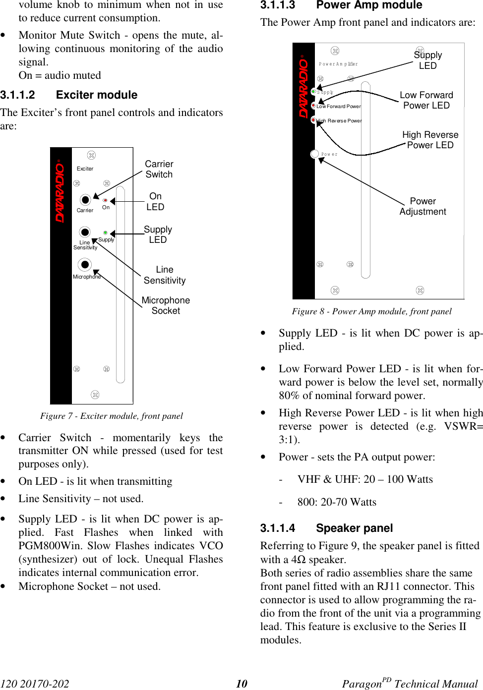 120 20170-202 ParagonPD Technical Manual10volume knob to minimum when not in useto reduce current consumption.• Monitor Mute Switch - opens the mute, al-lowing continuous monitoring of the audiosignal.On = audio muted3.1.1.2 Exciter moduleThe Exciter’s front panel controls and indicatorsare:Figure 7 - Exciter module, front panel• Carrier Switch - momentarily keys thetransmitter ON while pressed (used for testpurposes only).• On LED - is lit when transmitting• Line Sensitivity – not used.• Supply LED - is lit when DC power is ap-plied. Fast Flashes when linked withPGM800Win. Slow Flashes indicates VCO(synthesizer) out of lock. Unequal Flashesindicates internal communication error.• Microphone Socket – not used.3.1.1.3  Power Amp moduleThe Power Amp front panel and indicators are:Figure 8 - Power Amp module, front panel• Supply LED - is lit when DC power is ap-plied.• Low Forward Power LED - is lit when for-ward power is below the level set, normally80% of nominal forward power.• High Reverse Power LED - is lit when highreverse power is detected (e.g. VSWR=3:1).• Power - sets the PA output power:- VHF &amp; UHF: 20 – 100 Watts- 800: 20-70 Watts3.1.1.4 Speaker panelReferring to Figure 9, the speaker panel is fittedwith a 4Ω speaker.Both series of radio assemblies share the samefront panel fitted with an RJ11 connector. Thisconnector is used to allow programming the ra-dio from the front of the unit via a programminglead. This feature is exclusive to the Series IImodules.CarrierSwitchOnLEDSupplyLEDLineSensitivityMicrophoneSocket®ExciterCarrier OnLineSensitivitySupplyMicrophone®Power Am plifierLow Forward PowerSupplyHigh Rev erse PowerPow erSupplyLEDLow ForwardPower LEDHigh ReversePower LEDPowerAdjustment