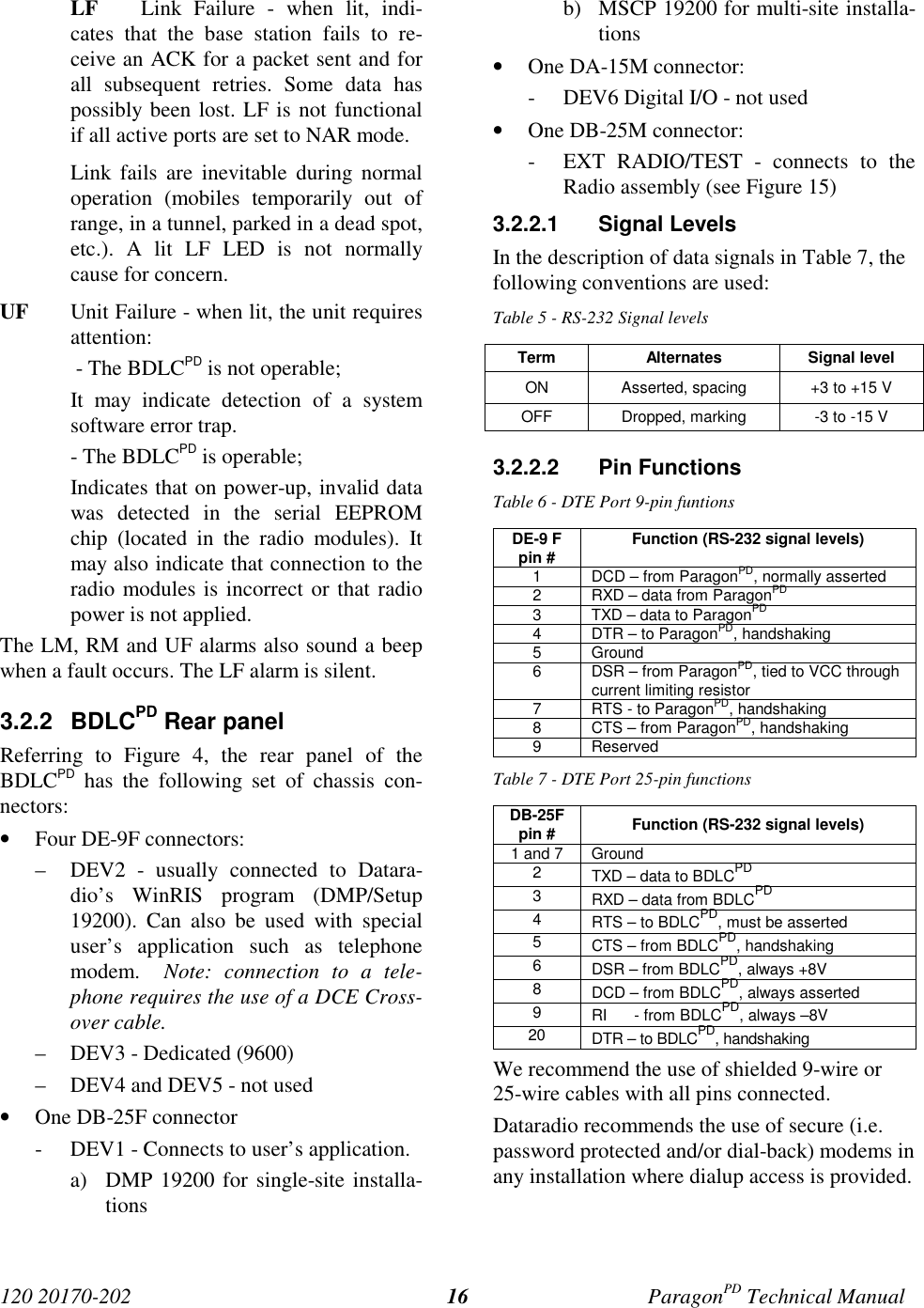 120 20170-202 ParagonPD Technical Manual16LF Link Failure - when lit, indi-cates that the base station fails to re-ceive an ACK for a packet sent and forall subsequent retries. Some data haspossibly been lost. LF is not functionalif all active ports are set to NAR mode.Link fails are inevitable during normaloperation (mobiles temporarily out ofrange, in a tunnel, parked in a dead spot,etc.). A lit LF LED is not normallycause for concern.UF Unit Failure - when lit, the unit requiresattention: - The BDLCPD is not operable;It may indicate detection of a systemsoftware error trap.- The BDLCPD is operable;Indicates that on power-up, invalid datawas detected in the serial EEPROMchip (located in the radio modules). Itmay also indicate that connection to theradio modules is incorrect or that radiopower is not applied.The LM, RM and UF alarms also sound a beepwhen a fault occurs. The LF alarm is silent.3.2.2 BDLCPD Rear panelReferring to Figure 4, the rear panel of theBDLCPD has the following set of chassis con-nectors:• Four DE-9F connectors:– DEV2 - usually connected to Datara-dio’s WinRIS program (DMP/Setup19200). Can also be used with specialuser’s application such as telephonemodem.  Note: connection to a tele-phone requires the use of a DCE Cross-over cable.– DEV3 - Dedicated (9600)– DEV4 and DEV5 - not used• One DB-25F connector- DEV1 - Connects to user’s application.a) DMP 19200 for single-site installa-tionsb) MSCP 19200 for multi-site installa-tions• One DA-15M connector:- DEV6 Digital I/O - not used• One DB-25M connector:- EXT RADIO/TEST - connects to theRadio assembly (see Figure 15)3.2.2.1 Signal LevelsIn the description of data signals in Table 7, thefollowing conventions are used:Table 5 - RS-232 Signal levelsTerm Alternates Signal levelON Asserted, spacing +3 to +15 VOFF Dropped, marking -3 to -15 V3.2.2.2 Pin FunctionsTable 6 - DTE Port 9-pin funtionsDE-9 Fpin # Function (RS-232 signal levels)1 DCD – from ParagonPD, normally asserted2 RXD – data from ParagonPD3 TXD – data to ParagonPD4 DTR – to ParagonPD, handshaking5 Ground6 DSR – from ParagonPD, tied to VCC throughcurrent limiting resistor7 RTS - to ParagonPD, handshaking8 CTS – from ParagonPD, handshaking9 ReservedTable 7 - DTE Port 25-pin functionsDB-25Fpin # Function (RS-232 signal levels)1 and 7 Ground2TXD – data to BDLCPD3RXD – data from BDLCPD4RTS – to BDLCPD, must be asserted5CTS – from BDLCPD, handshaking6DSR – from BDLCPD, always +8V8DCD – from BDLCPD, always asserted9RI      - from BDLCPD, always –8V20 DTR – to BDLCPD, handshakingWe recommend the use of shielded 9-wire or25-wire cables with all pins connected.Dataradio recommends the use of secure (i.e.password protected and/or dial-back) modems inany installation where dialup access is provided.