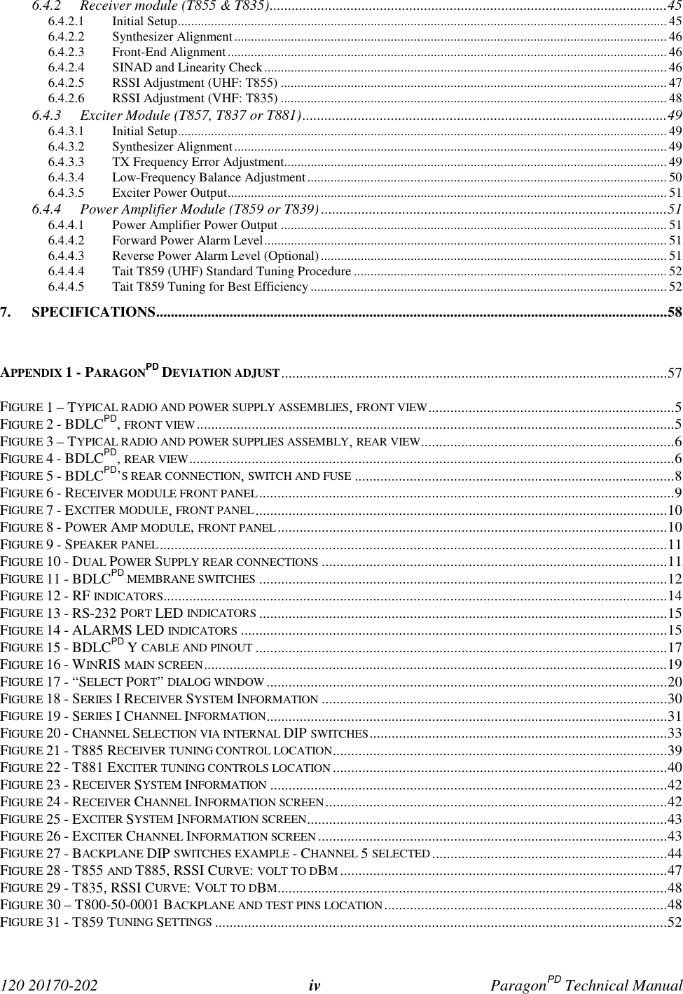  120 20170-202 iv ParagonPD Technical Manual6.4.2 Receiver module (T855 &amp; T835)............................................................................................................456.4.2.1 Initial Setup................................................................................................................................................... 456.4.2.2 Synthesizer Alignment.................................................................................................................................. 466.4.2.3 Front-End Alignment.................................................................................................................................... 466.4.2.4 SINAD and Linearity Check......................................................................................................................... 466.4.2.5 RSSI Adjustment (UHF: T855) .................................................................................................................... 476.4.2.6 RSSI Adjustment (VHF: T835) .................................................................................................................... 486.4.3 Exciter Module (T857, T837 or T881)...................................................................................................496.4.3.1 Initial Setup................................................................................................................................................... 496.4.3.2 Synthesizer Alignment.................................................................................................................................. 496.4.3.3 TX Frequency Error Adjustment................................................................................................................... 496.4.3.4 Low-Frequency Balance Adjustment............................................................................................................ 506.4.3.5 Exciter Power Output.................................................................................................................................... 516.4.4 Power Amplifier Module (T859 or T839) ..............................................................................................516.4.4.1 Power Amplifier Power Output .................................................................................................................... 516.4.4.2 Forward Power Alarm Level......................................................................................................................... 516.4.4.3 Reverse Power Alarm Level (Optional)........................................................................................................ 516.4.4.4 Tait T859 (UHF) Standard Tuning Procedure .............................................................................................. 526.4.4.5 Tait T859 Tuning for Best Efficiency........................................................................................................... 527. SPECIFICATIONS...........................................................................................................................................58APPENDIX 1 - PARAGONPD DEVIATION ADJUST.........................................................................................................57FIGURE 1 – TYPICAL RADIO AND POWER SUPPLY ASSEMBLIES, FRONT VIEW...................................................................5FIGURE 2 - BDLCPD, FRONT VIEW..................................................................................................................................5FIGURE 3 – TYPICAL RADIO AND POWER SUPPLIES ASSEMBLY, REAR VIEW.....................................................................6FIGURE 4 - BDLCPD, REAR VIEW....................................................................................................................................6FIGURE 5 - BDLCPD’S REAR CONNECTION, SWITCH AND FUSE .......................................................................................8FIGURE 6 - RECEIVER MODULE FRONT PANEL.................................................................................................................9FIGURE 7 - EXCITER MODULE, FRONT PANEL................................................................................................................10FIGURE 8 - POWER AMP MODULE, FRONT PANEL..........................................................................................................10FIGURE 9 - SPEAKER PANEL..........................................................................................................................................11FIGURE 10 - DUAL POWER SUPPLY REAR CONNECTIONS ..............................................................................................11FIGURE 11 - BDLCPD MEMBRANE SWITCHES ...............................................................................................................12FIGURE 12 - RF INDICATORS.........................................................................................................................................14FIGURE 13 - RS-232 PORT LED INDICATORS ...............................................................................................................15FIGURE 14 - ALARMS LED INDICATORS ....................................................................................................................15FIGURE 15 - BDLCPD Y CABLE AND PINOUT ................................................................................................................17FIGURE 16 - WINRIS MAIN SCREEN..............................................................................................................................19FIGURE 17 - “SELECT PORT” DIALOG WINDOW .............................................................................................................20FIGURE 18 - SERIES I RECEIVER SYSTEM INFORMATION ..............................................................................................30FIGURE 19 - SERIES I CHANNEL INFORMATION.............................................................................................................31FIGURE 20 - CHANNEL SELECTION VIA INTERNAL DIP SWITCHES.................................................................................33FIGURE 21 - T885 RECEIVER TUNING CONTROL LOCATION...........................................................................................39FIGURE 22 - T881 EXCITER TUNING CONTROLS LOCATION...........................................................................................40FIGURE 23 - RECEIVER SYSTEM INFORMATION ............................................................................................................42FIGURE 24 - RECEIVER CHANNEL INFORMATION SCREEN.............................................................................................42FIGURE 25 - EXCITER SYSTEM INFORMATION SCREEN..................................................................................................43FIGURE 26 - EXCITER CHANNEL INFORMATION SCREEN ...............................................................................................43FIGURE 27 - BACKPLANE DIP SWITCHES EXAMPLE - CHANNEL 5 SELECTED................................................................44FIGURE 28 - T855 AND T885, RSSI CURVE: VOLT TO DBM.........................................................................................47FIGURE 29 - T835, RSSI CURVE: VOLT TO DBM..........................................................................................................48FIGURE 30 – T800-50-0001 BACKPLANE AND TEST PINS LOCATION.............................................................................48FIGURE 31 - T859 TUNING SETTINGS ...........................................................................................................................52