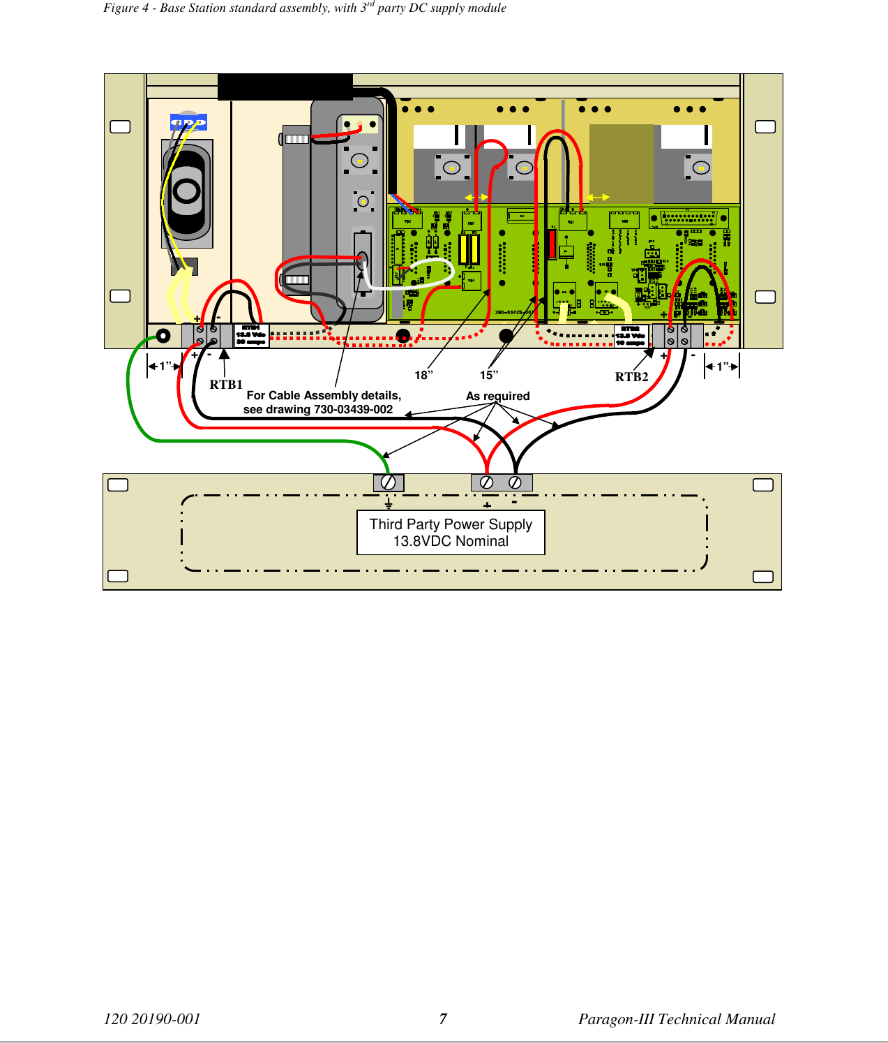 120 20190-001 Paragon-III Technical Manual7Figure 4 - Base Station standard assembly, with 3rd party DC supply module For Cable Assembly details,see drawing 730-03439-0021” 1”18” 15”As requiredThird Party Power Supply13.8VDC Nominal-+RTB2+RTB1-+-+-+-