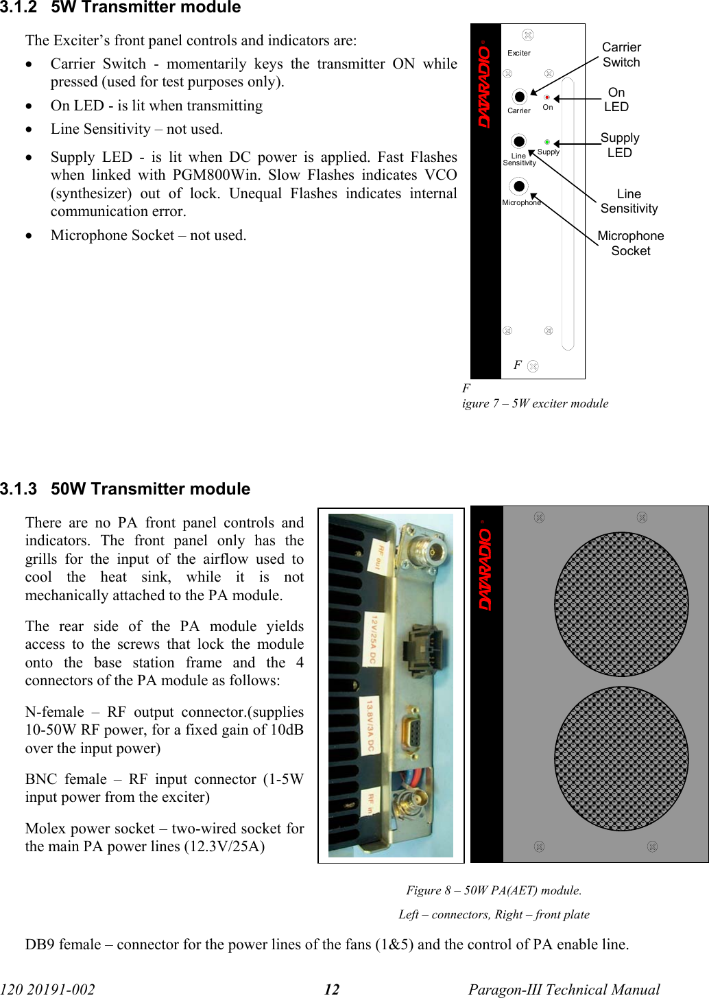   120 20191-002  Paragon-III Technical Manual 123.1.2  5W Transmitter module The Exciter’s front panel controls and indicators are: • Carrier Switch - momentarily keys the transmitter ON while pressed (used for test purposes only). • On LED - is lit when transmitting • Line Sensitivity – not used. • Supply LED - is lit when DC power is applied. Fast Flashes when linked with PGM800Win. Slow Flashes indicates VCO (synthesizer) out of lock. Unequal Flashes indicates internal communication error. • Microphone Socket – not used.        F Figure 7 – 5W exciter module    3.1.3  50W Transmitter module There are no PA front panel controls and indicators. The front panel only has the grills for the input of the airflow used to cool the heat sink, while it is not mechanically attached to the PA module.  The rear side of the PA module yields access to the screws that lock the module onto the base station frame and the 4 connectors of the PA module as follows: N-female – RF output connector.(supplies 10-50W RF power, for a fixed gain of 10dB over the input power) BNC female – RF input connector (1-5W input power from the exciter)  Molex power socket – two-wired socket for the main PA power lines (12.3V/25A) Figure 8 – 50W PA(AET) module. Left – connectors, Right – front plate DB9 female – connector for the power lines of the fans (1&amp;5) and the control of PA enable line.  Carrier Switch On LED Supply LED Line Sensitivity Microphone Socket ®ExciterCar rier OnLineS en s i t ivit ySupplyMicrophone®