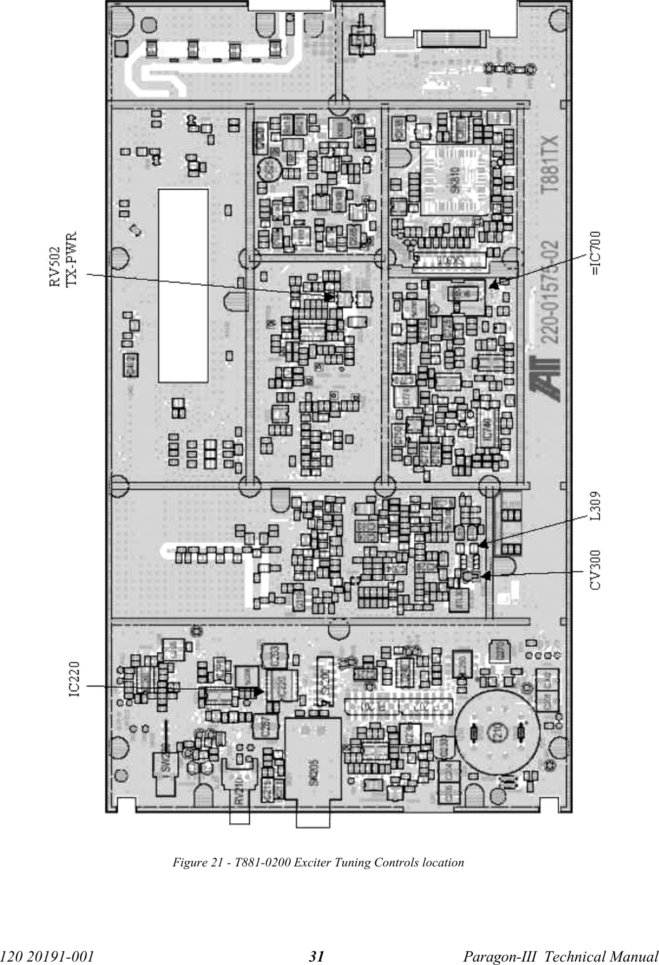   120 20191-001  Paragon-III  Technical Manual 31  Figure 21 - T881-0200 Exciter Tuning Controls location