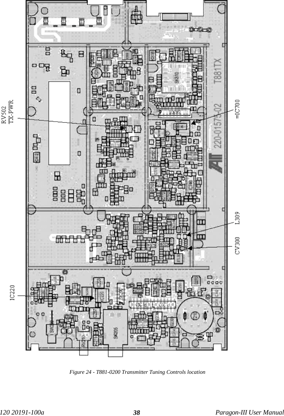 120 20191-100a Paragon-III User Manual38Figure 24 - T881-0200 Transmitter Tuning Controls location