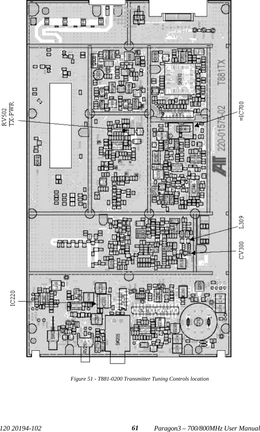  120 20194-102   Paragon3 – 700/800MHz User Manual 61  Figure 51 - T881-0200 Transmitter Tuning Controls location