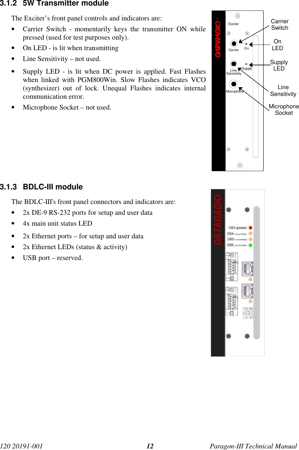 120 20191-001 Paragon-III Technical Manual123.1.2  5W Transmitter moduleThe Exciter’s front panel controls and indicators are:• Carrier Switch - momentarily keys the transmitter ON whilepressed (used for test purposes only).• On LED - is lit when transmitting• Line Sensitivity – not used.• Supply LED - is lit when DC power is applied. Fast Flasheswhen linked with PGM800Win. Slow Flashes indicates VCO(synthesizer) out of lock. Unequal Flashes indicates internalcommunication error.• Microphone Socket – not used.3.1.3 BDLC-III moduleThe BDLC-III&apos;s front panel connectors and indicators are:• 2x DE-9 RS-232 ports for setup and user data• 4x main unit status LED• 2x Ethernet ports – for setup and user data• 2x Ethernet LEDs (status &amp; activity)• USB port – reserved.CarrierSwitchOnLEDSupplyLEDLineSensitivityMicrophoneSocket®ExciterCarrier OnLineSensitivitySupplyMicrophone