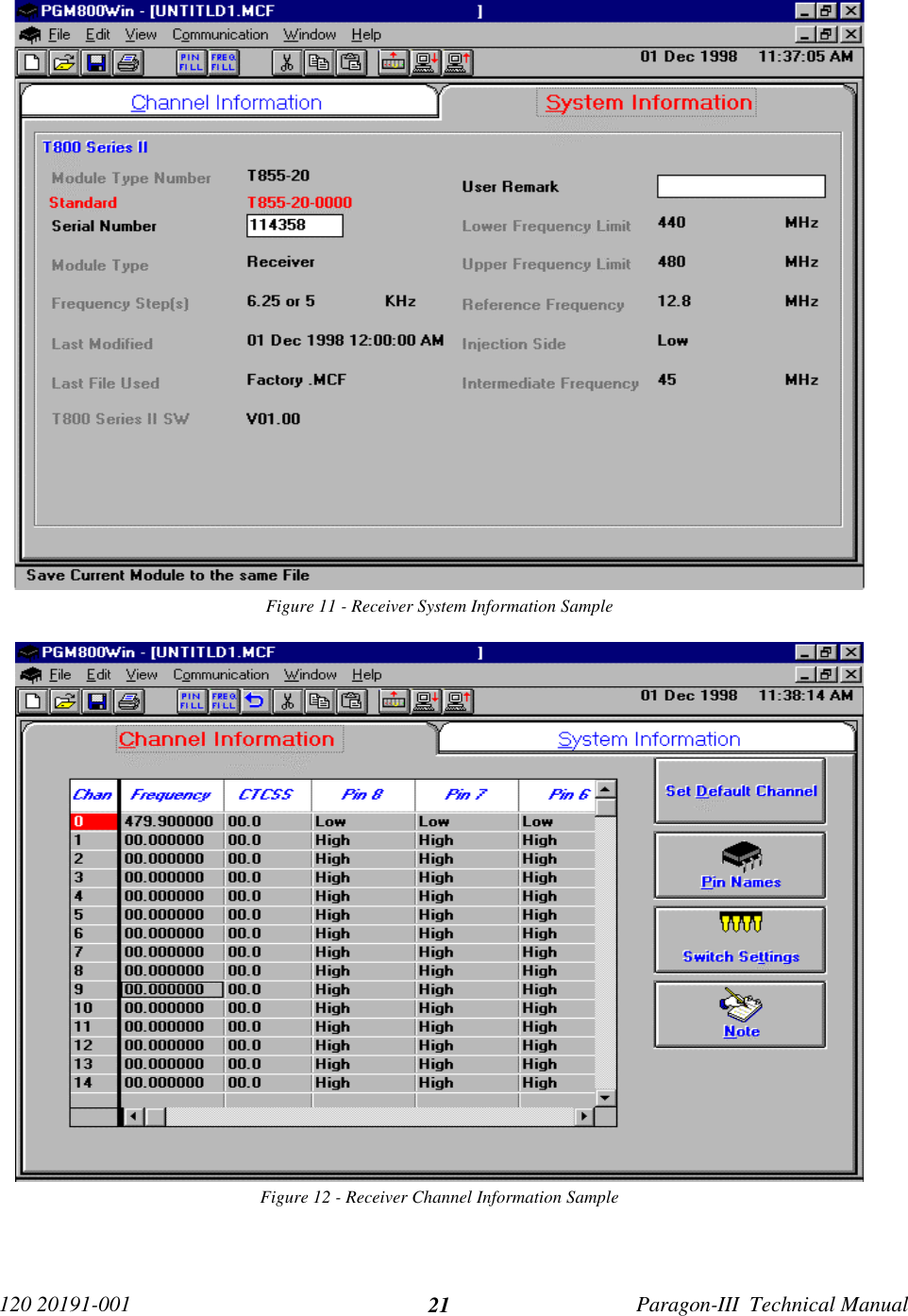120 20191-001 Paragon-III  Technical Manual21Figure 11 - Receiver System Information SampleFigure 12 - Receiver Channel Information Sample