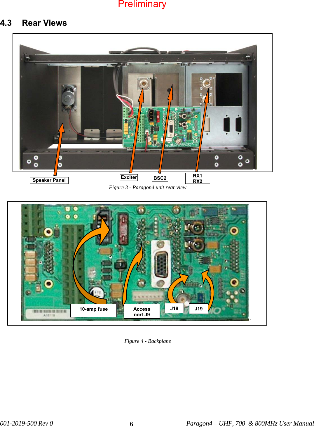   001-2019-500 Rev 0          Paragon4 – UHF, 700  &amp; 800MHz User Manual   64.3 Rear Views Figure 3 - Paragon4 unit rear view  Figure 4 - Backplane    RX1 RX2BSC2ExciterSpeaker Panel       .      10-amp fuse  J18Access  port J9J19Preliminary