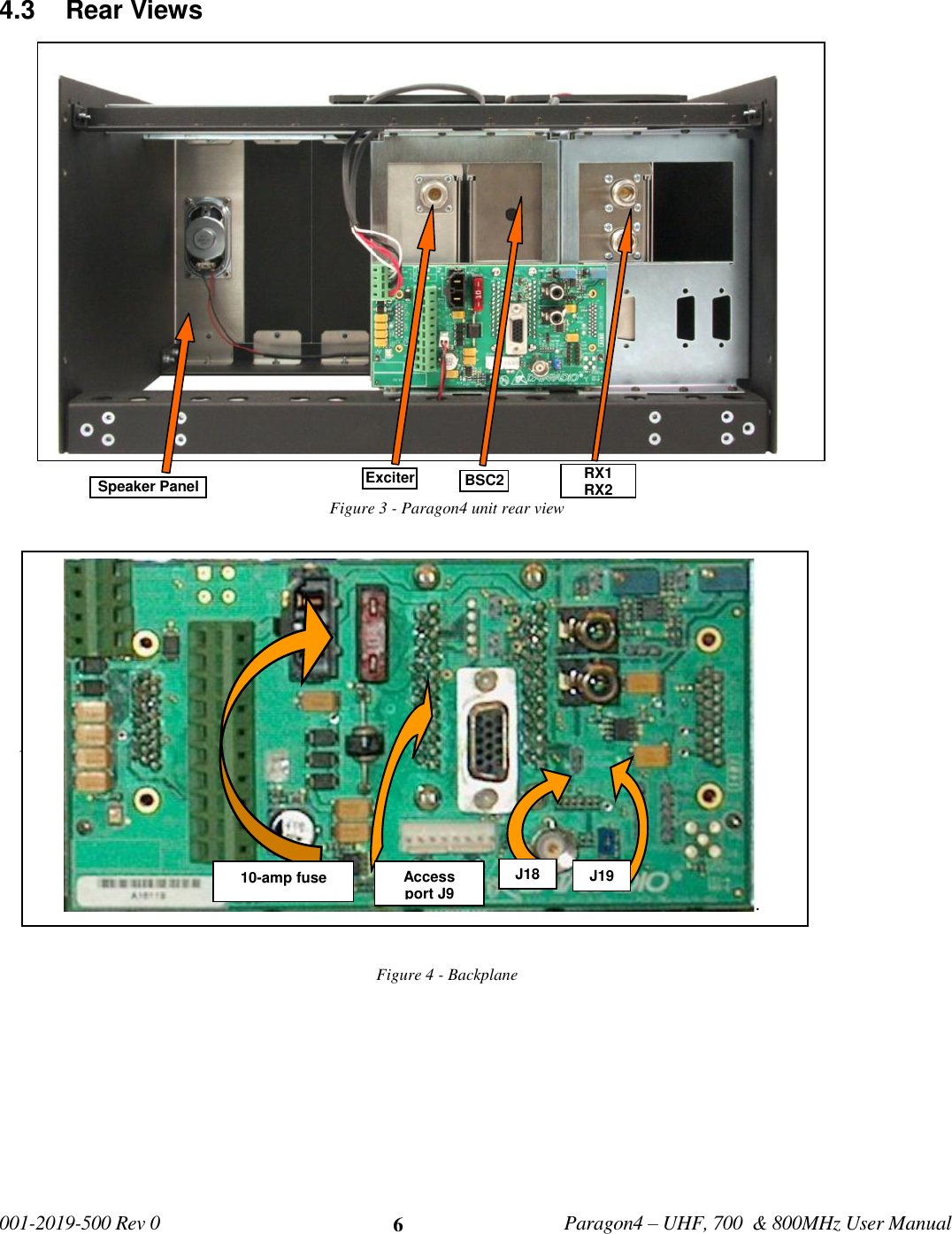   001-2019-500 Rev 0         Paragon4 – UHF, 700  &amp; 800MHz User Manual     6 4.3  Rear Views Figure 3 - Paragon4 unit rear view  Figure 4 - Backplane     RX1 RX2 BSC2 Exciter Speaker Panel       .      10-amp fuse J18 Access  port J9 J19 