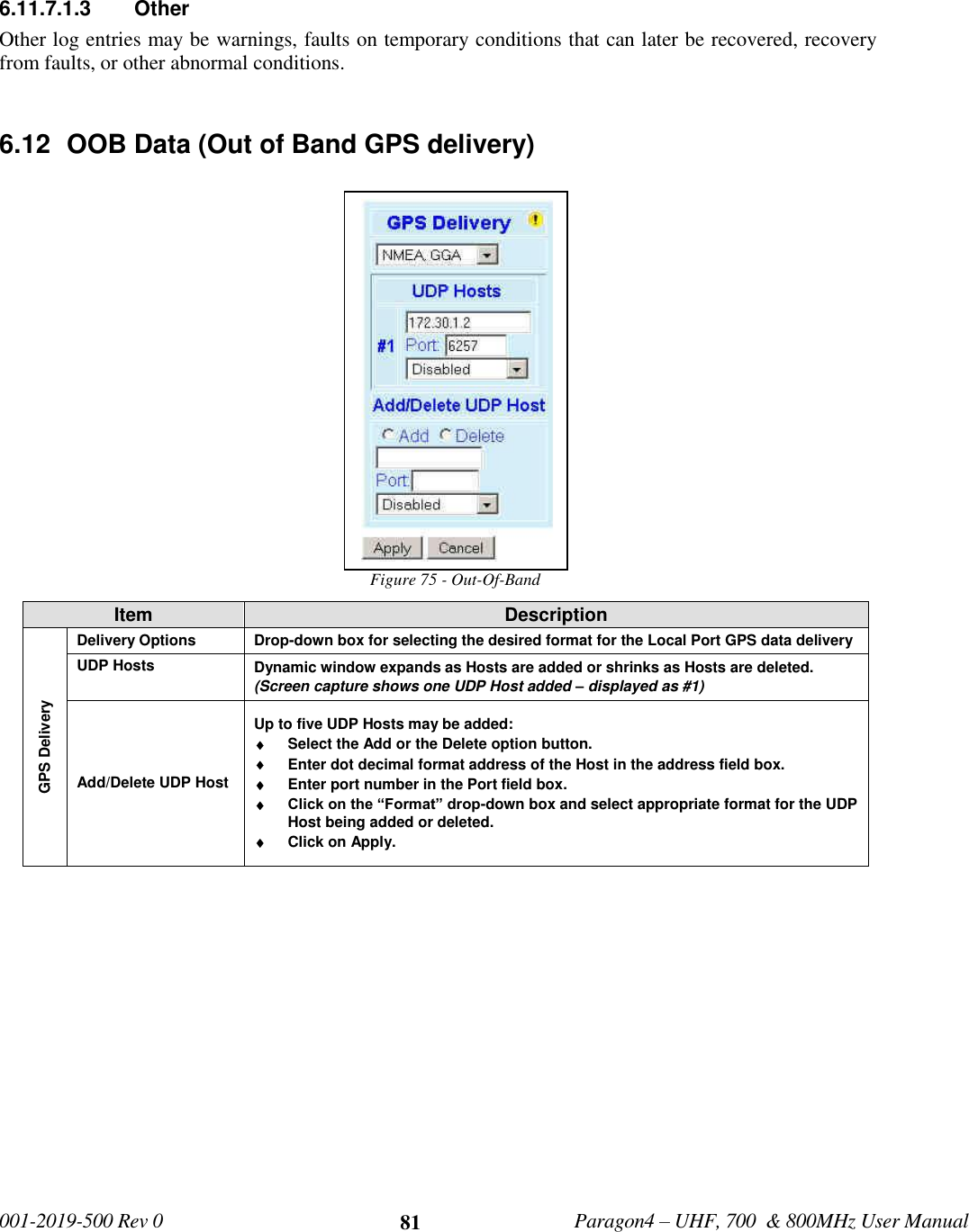   001-2019-500 Rev 0         Paragon4 – UHF, 700  &amp; 800MHz User Manual     81  6.11.7.1.3  Other Other log entries may be warnings, faults on temporary conditions that can later be recovered, recovery from faults, or other abnormal conditions.  6.12  OOB Data (Out of Band GPS delivery) Figure 75 - Out-Of-Band Item Description GPS Delivery Delivery Options Drop-down box for selecting the desired format for the Local Port GPS data delivery UDP Hosts   Dynamic window expands as Hosts are added or shrinks as Hosts are deleted. (Screen capture shows one UDP Host added – displayed as #1) Add/Delete UDP Host Up to five UDP Hosts may be added:   Select the Add or the Delete option button.  Enter dot decimal format address of the Host in the address field box.  Enter port number in the Port field box.  Click on the “Format” drop-down box and select appropriate format for the UDP Host being added or deleted.  Click on Apply.     