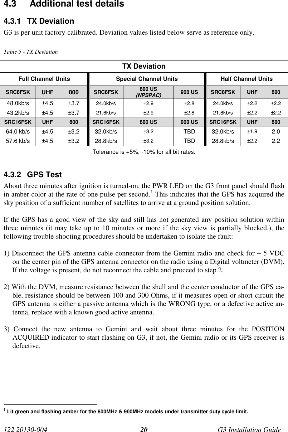 122 20130-004 G3 Installation Guide204.3   Additional test details4.3.1 TX DeviationG3 is per unit factory-calibrated. Deviation values listed below serve as reference only.Table 5 - TX DeviationTX DeviationFull Channel Units Special Channel Units Half Channel UnitsSRC8FSK UHF 800 SRC8FSK 800 US(NPSPAC) 900 US SRC8FSK UHF 80048.0kb/s ±4.5 ±3.7 24.0kb/s ±2.9 ±2.8 24.0kb/s ±2.2 ±2.243.2kb/s ±4.5 ±3.7 21.6kb/s ±2.9 ±2.8 21.6kb/s ±2.2 ±2.2SRC16FSK UHF 800 SRC16FSK 800 US 900 US SRC16FSK UHF 80064.0 kb/s ±4.5 ±3.2 32.0kb/s ±3.2 TBD 32.0kb/s ±1.9 2.057.6 kb/s ±4.5 ±3.2 28.8kb/s ±3.2 TBD 28.8kb/s ±2.2 2.2Tolerance is +5%, -10% for all bit rates.4.3.2 GPS TestAbout three minutes after ignition is turned-on, the PWR LED on the G3 front panel should flashin amber color at the rate of one pulse per second.1 This indicates that the GPS has acquired thesky position of a sufficient number of satellites to arrive at a ground position solution.If the GPS has a good view of the sky and still has not generated any position solution withinthree minutes (it may take up to 10 minutes or more if the sky view is partially blocked.), thefollowing trouble-shooting procedures should be undertaken to isolate the fault:1) Disconnect the GPS antenna cable connector from the Gemini radio and check for + 5 VDCon the center pin of the GPS antenna connector on the radio using a Digital voltmeter (DVM).If the voltage is present, do not reconnect the cable and proceed to step 2.2) With the DVM, measure resistance between the shell and the center conductor of the GPS ca-ble, resistance should be between 100 and 300 Ohms, if it measures open or short circuit theGPS antenna is either a passive antenna which is the WRONG type, or a defective active an-tenna, replace with a known good active antenna.3) Connect the new antenna to Gemini and wait about three minutes for the POSITIONACQUIRED indicator to start flashing on G3, if not, the Gemini radio or its GPS receiver isdefective.                                                     1 Lit green and flashing amber for the 800MHz &amp; 900MHz models under transmitter duty cycle limit.