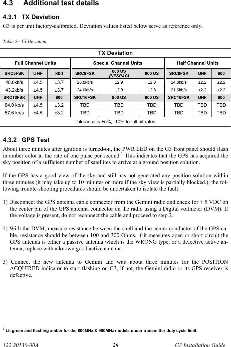  122 20130-00A   G3 Installation Guide 204.3   Additional test details 4.3.1 TX Deviation G3 is per unit factory-calibrated. Deviation values listed below serve as reference only.  Table 5 - TX Deviation TX Deviation Full Channel Units  Special Channel Units  Half Channel Units SRC8FSK  UHF  800   SRC8FSK  800 US (NPSPAC)  900 US  SRC8FSK  UHF  800  48.0kb/s ±4.5  ±3.7  28.8kb/s ±2.9  ±2.8 24.0kb/s ±2.2 ±2.2 43.2kb/s ±4.5  ±3.7  24.0kb/s ±2.9  ±2.8 21.6kb/s ±2.2 ±2.2 SRC16FSK  UHF  800   SRC16FSK  800 US  900 US  SRC16FSK  UHF  800 64.0 kb/s  ±4.5  ±3.2  TBD  TBD  TBD  TBD  TBD  TBD 57.6 kb/s  ±4.5  ±3.2  TBD  TBD TBD TBD TBD TBD Tolerance is +5%, -10% for all bit rates. 4.3.2 GPS Test About three minutes after ignition is turned-on, the PWR LED on the G3 front panel should flash in amber color at the rate of one pulse per second.1 This indicates that the GPS has acquired the sky position of a sufficient number of satellites to arrive at a ground position solution.  If the GPS has a good view of the sky and still has not generated any position solution within three minutes (it may take up to 10 minutes or more if the sky view is partially blocked.), the fol-lowing trouble-shooting procedures should be undertaken to isolate the fault:  1) Disconnect the GPS antenna cable connector from the Gemini radio and check for + 5 VDC on the center pin of the GPS antenna connector on the radio using a Digital voltmeter (DVM). If the voltage is present, do not reconnect the cable and proceed to step 2.  2) With the DVM, measure resistance between the shell and the center conductor of the GPS ca-ble, resistance should be between 100 and 300 Ohms, if it measures open or short circuit the GPS antenna is either a passive antenna which is the WRONG type, or a defective active an-tenna, replace with a known good active antenna.  3) Connect the new antenna to Gemini and wait about three minutes for the POSITION ACQUIRED indicator to start flashing on G3, if not, the Gemini radio or its GPS receiver is defective.                                                       1 Lit green and flashing amber for the 800MHz &amp; 900MHz models under transmitter duty cycle limit. 