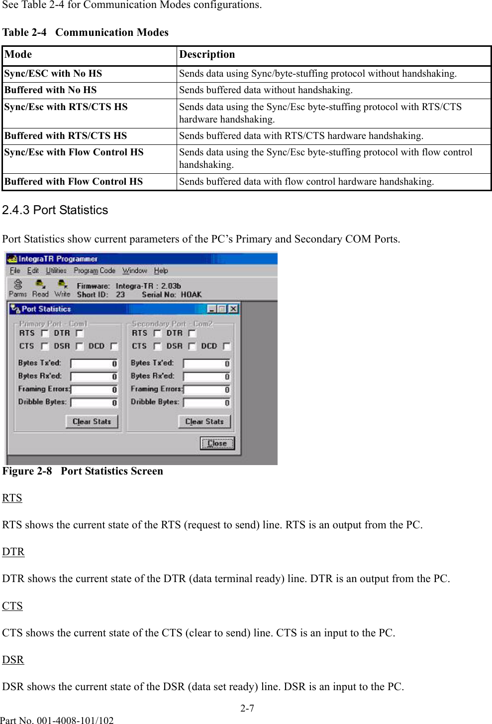 2-7Part No. 001-4008-101/102See Table 2-4 for Communication Modes configurations.2.4.3 Port StatisticsPort Statistics show current parameters of the PC’s Primary and Secondary COM Ports.Figure 2-8   Port Statistics ScreenRTSRTS shows the current state of the RTS (request to send) line. RTS is an output from the PC.DTRDTR shows the current state of the DTR (data terminal ready) line. DTR is an output from the PC.CTSCTS shows the current state of the CTS (clear to send) line. CTS is an input to the PC.DSRDSR shows the current state of the DSR (data set ready) line. DSR is an input to the PC.Table 2-4   Communication ModesMode DescriptionSync/ESC with No HS Sends data using Sync/byte-stuffing protocol without handshaking.Buffered with No HS Sends buffered data without handshaking.Sync/Esc with RTS/CTS HS Sends data using the Sync/Esc byte-stuffing protocol with RTS/CTS      hardware handshaking.Buffered with RTS/CTS HS Sends buffered data with RTS/CTS hardware handshaking.Sync/Esc with Flow Control HS Sends data using the Sync/Esc byte-stuffing protocol with flow controlhandshaking.Buffered with Flow Control HS Sends buffered data with flow control hardware handshaking.