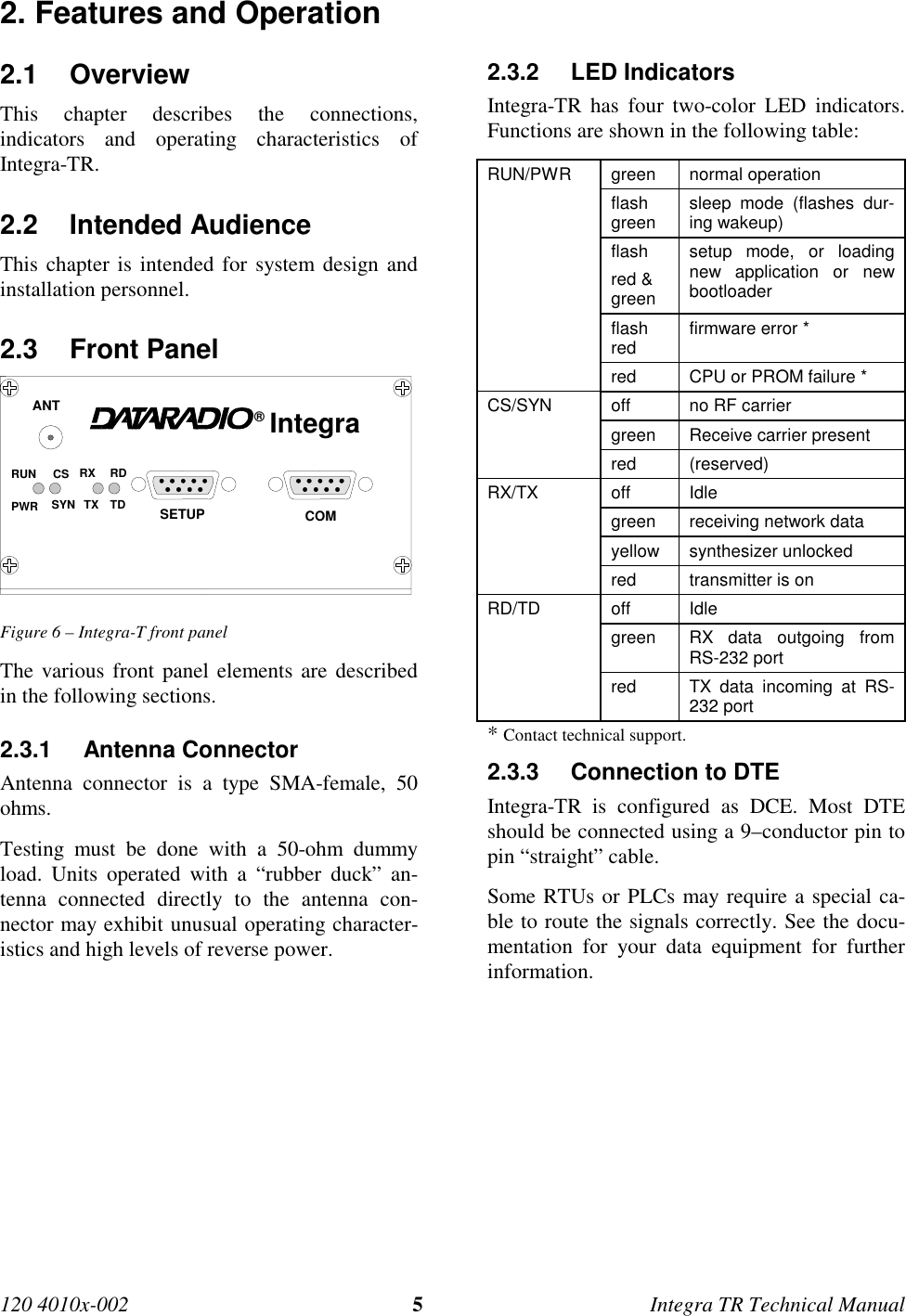 120 4010x-002 5Integra TR Technical Manual2. Features and Operation2.1 OverviewThis chapter describes the connections,indicators and operating characteristics ofIntegra-TR.2.2 Intended AudienceThis chapter is intended for system design andinstallation personnel.2.3 Front PanelIntegra®ANTSETUP COMRUN CS RX RDPWR SYN TX TDFigure 6 – Integra-T front panelThe various front panel elements are describedin the following sections.2.3.1 Antenna ConnectorAntenna connector is a type SMA-female, 50ohms.Testing must be done with a 50-ohm dummyload. Units operated with a “rubber duck” an-tenna connected directly to the antenna con-nector may exhibit unusual operating character-istics and high levels of reverse power.2.3.2 LED IndicatorsIntegra-TR has four two-color LED indicators.Functions are shown in the following table:RUN/PWR green normal operationflashgreen sleep mode (flashes dur-ing wakeup)flashred &amp;greensetup mode, or loadingnew application or newbootloaderflashred firmware error *red CPU or PROM failure *CS/SYN off no RF carriergreen Receive carrier presentred (reserved)RX/TX off Idlegreen receiving network datayellow synthesizer unlockedred transmitter is onRD/TD off Idlegreen RX data outgoing fromRS-232 portred TX data incoming at RS-232 port* Contact technical support.2.3.3  Connection to DTEIntegra-TR is configured as DCE. Most DTEshould be connected using a 9–conductor pin topin “straight” cable.Some RTUs or PLCs may require a special ca-ble to route the signals correctly. See the docu-mentation for your data equipment for furtherinformation.