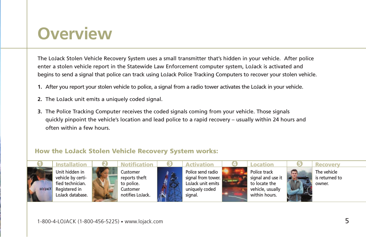 The LoJack Stolen Vehicle Recovery System uses a small transmitter that’s hidden in your vehicle.  After policeenter a stolen vehicle report in the Statewide Law Enforcement computer system, LoJack is activated andbegins to send a signal that police can track using LoJack Police Tracking Computers to recover your stolen vehicle.1. After you report your stolen vehicle to police, a signal from a radio tower activates the LoJack in your vehicle.2. The LoJack unit emits a uniquely coded signal.3. The Police Tracking Computer receives the coded signals coming from your vehicle. Those signals quickly pinpoint the vehicle’s location and lead police to a rapid recovery – usually within 24 hours and often within a few hours.Overview5Unit hidden invehicle by certi-fied technician.Registered inLoJack database.Customer reports theft to police.Customer notifies LoJack.Police send radiosignal from tower.LoJack unit emitsuniquely codedsignal.Police track signal and use itto locate thevehicle, usuallywithin hours.The vehicle is returned toowner.How the LoJack Stolen Vehicle Recovery System works:12345InstallationNotificationActivation LocationRecovery1-800-4-LOJACK (1-800-456-5225) •www.lojack.com