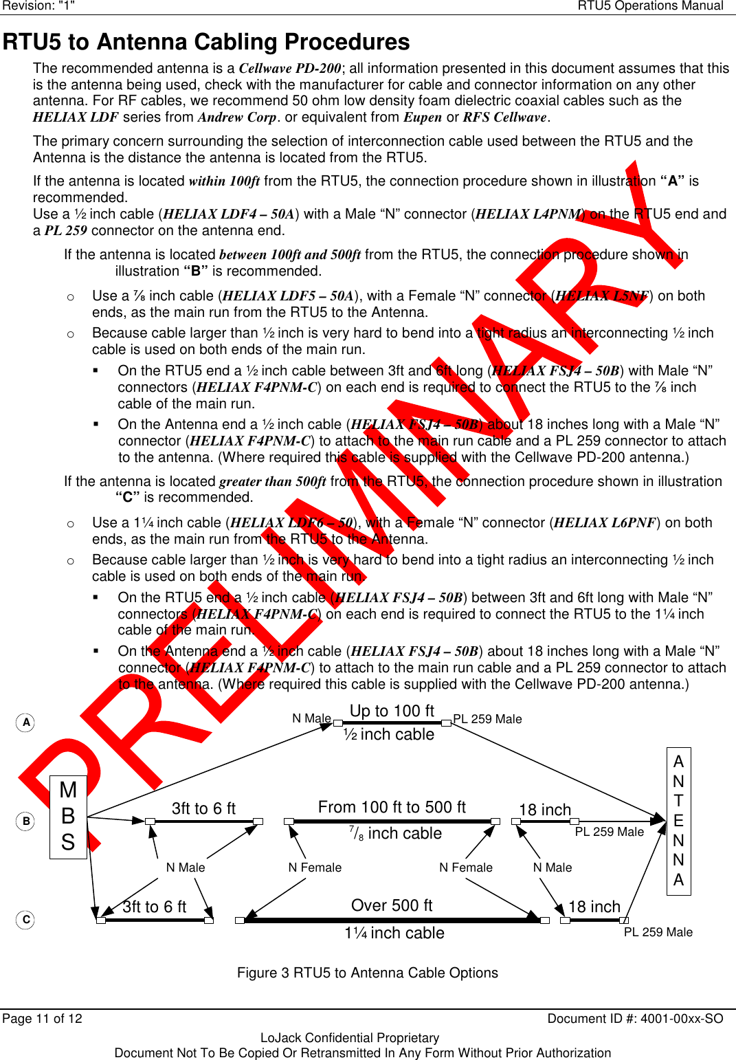 Revision: &quot;1&quot;    RTU5 Operations Manual Page 11 of 12    Document ID #: 4001-00xx-SO   LoJack Confidential Proprietary  Document Not To Be Copied Or Retransmitted In Any Form Without Prior Authorization RTU5 to Antenna Cabling Procedures The recommended antenna is a Cellwave PD-200; all information presented in this document assumes that this is the antenna being used, check with the manufacturer for cable and connector information on any other antenna. For RF cables, we recommend 50 ohm low density foam dielectric coaxial cables such as the HELIAX LDF series from Andrew Corp. or equivalent from Eupen or RFS Cellwave. The primary concern surrounding the selection of interconnection cable used between the RTU5 and the Antenna is the distance the antenna is located from the RTU5. If the antenna is located within 100ft from the RTU5, the connection procedure shown in illustration “A” is recommended. Use a ½ inch cable (HELIAX LDF4 – 50A) with a Male “N” connector (HELIAX L4PNM) on the RTU5 end and a PL 259 connector on the antenna end. If the antenna is located between 100ft and 500ft from the RTU5, the connection procedure shown in illustration “B” is recommended. o  Use a ⅞ inch cable (HELIAX LDF5 – 50A), with a Female “N” connector (HELIAX L5NF) on both ends, as the main run from the RTU5 to the Antenna.  o  Because cable larger than ½ inch is very hard to bend into a tight radius an interconnecting ½ inch cable is used on both ends of the main run.     On the RTU5 end a ½ inch cable between 3ft and 6ft long (HELIAX FSJ4 – 50B) with Male “N” connectors (HELIAX F4PNM-C) on each end is required to connect the RTU5 to the ⅞ inch cable of the main run.   On the Antenna end a ½ inch cable (HELIAX FSJ4 – 50B) about 18 inches long with a Male “N” connector (HELIAX F4PNM-C) to attach to the main run cable and a PL 259 connector to attach to the antenna. (Where required this cable is supplied with the Cellwave PD-200 antenna.) If the antenna is located greater than 500ft from the RTU5, the connection procedure shown in illustration “C” is recommended. o  Use a 1¼ inch cable (HELIAX LDF6 – 50), with a Female “N” connector (HELIAX L6PNF) on both ends, as the main run from the RTU5 to the Antenna.  o  Because cable larger than ½ inch is very hard to bend into a tight radius an interconnecting ½ inch cable is used on both ends of the main run.     On the RTU5 end a ½ inch cable (HELIAX FSJ4 – 50B) between 3ft and 6ft long with Male “N” connectors (HELIAX F4PNM-C) on each end is required to connect the RTU5 to the 1¼ inch cable of the main run.   On the Antenna end a ½ inch cable (HELIAX FSJ4 – 50B) about 18 inches long with a Male “N” connector (HELIAX F4PNM-C) to attach to the main run cable and a PL 259 connector to attach to the antenna. (Where required this cable is supplied with the Cellwave PD-200 antenna.) Figure 3 RTU5 to Antenna Cable Options Up to 100 ftFrom 100 ft to 500 ftOver 500 ftABC3ft to 6 ft3ft to 6 ft18 inch18 inchN MaleN MaleN Male N Female N FemalePL 259 MalePL 259 MalePL 259 MaleANTENNAMBS½ inch cable7/8 inch cable1¼ inch cable