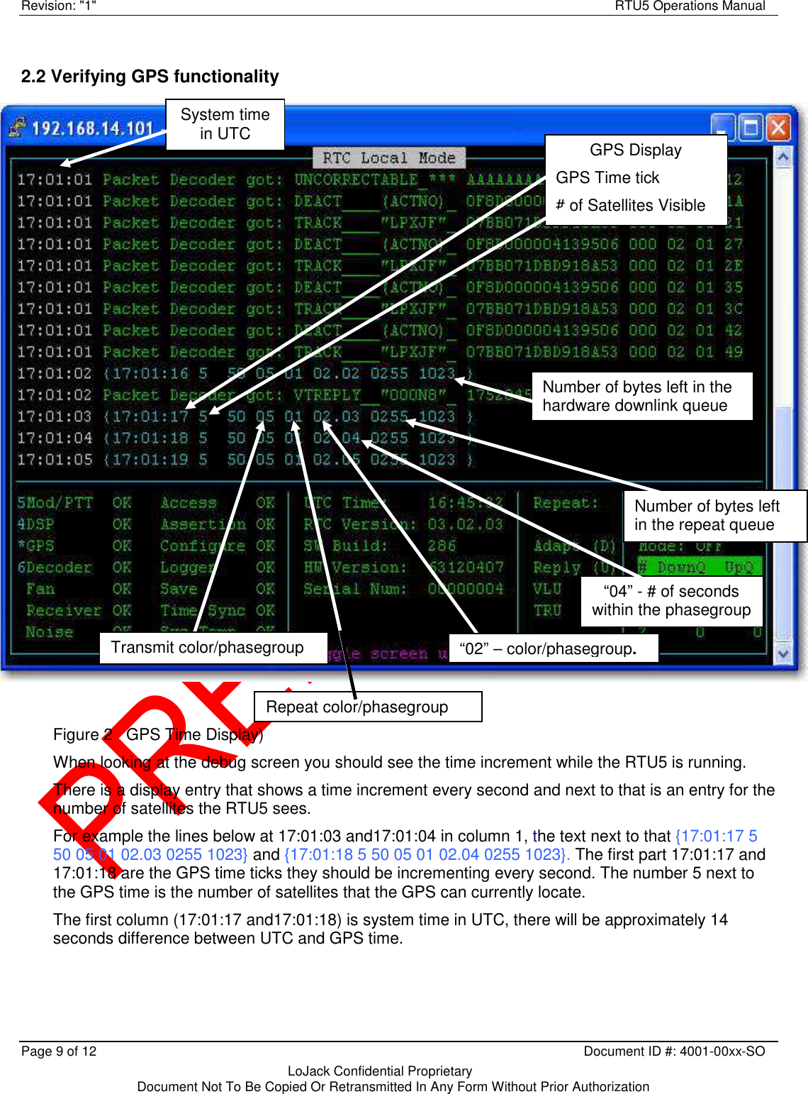 Revision: &quot;1&quot;    RTU5 Operations Manual Page 9 of 12    Document ID #: 4001-00xx-SO   LoJack Confidential Proprietary  Document Not To Be Copied Or Retransmitted In Any Form Without Prior Authorization  2.2 Verifying GPS functionality                        Figure 2   GPS Time Display) When looking at the debug screen you should see the time increment while the RTU5 is running. There is a display entry that shows a time increment every second and next to that is an entry for the number of satellites the RTU5 sees. For example the lines below at 17:01:03 and17:01:04 in column 1, the text next to that {17:01:17 5 50 05 01 02.03 0255 1023} and {17:01:18 5 50 05 01 02.04 0255 1023}. The first part 17:01:17 and 17:01:18 are the GPS time ticks they should be incrementing every second. The number 5 next to the GPS time is the number of satellites that the GPS can currently locate. The first column (17:01:17 and17:01:18) is system time in UTC, there will be approximately 14 seconds difference between UTC and GPS time.  GPS Display GPS Time tick # of Satellites Visible System time in UTC Repeat color/phasegroup “04” - # of seconds within the phasegroup Number of bytes left in the repeat queue Number of bytes left in the hardware downlink queue Transmit color/phasegroup “02” – color/phasegroup. 