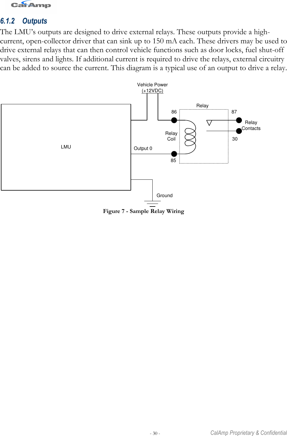   - 30 -  CalAmp Proprietary &amp; Confidential 6.1.2 Outputs The LMU‘s outputs are designed to drive external relays. These outputs provide a high-current, open-collector driver that can sink up to 150 mA each. These drivers may be used to drive external relays that can then control vehicle functions such as door locks, fuel shut-off valves, sirens and lights. If additional current is required to drive the relays, external circuitry can be added to source the current. This diagram is a typical use of an output to drive a relay.  Vehicle Power (+12VDC)Relay CoilRelay ContactsRelay GroundLMU8586 8730Output 0 Figure 7 - Sample Relay Wiring 