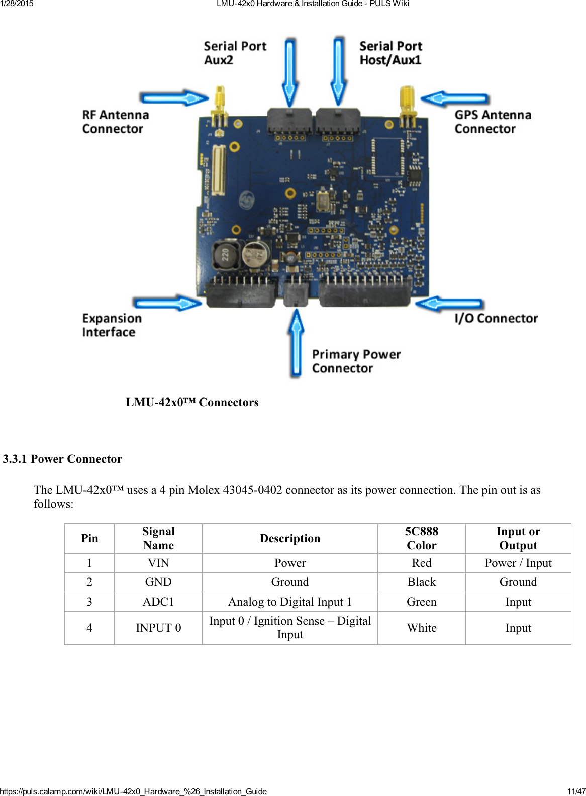 1/28/2015 LMU42x0Hardware&amp;InstallationGuidePULSWikihttps://puls.calamp.com/wiki/LMU42x0_Hardware_%26_Installation_Guide 11/47LMU42x0™Connectors3.3.1PowerConnectorTheLMU42x0™usesa4pinMolex430450402connectorasitspowerconnection.Thepinoutisasfollows:Pin SignalName Description 5C888ColorInputorOutput1 VIN Power Red Power/Input2 GND Ground Black Ground3 ADC1 AnalogtoDigitalInput1 Green Input4 INPUT0 Input0/IgnitionSense–DigitalInput White Input