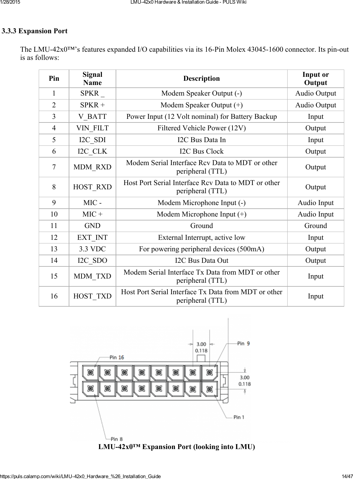 1/28/2015 LMU42x0Hardware&amp;InstallationGuidePULSWikihttps://puls.calamp.com/wiki/LMU42x0_Hardware_%26_Installation_Guide 14/473.3.3ExpansionPortTheLMU42x0™’sfeaturesexpandedI/Ocapabilitiesviaits16PinMolex430451600connector.Itspinoutisasfollows:Pin SignalName Description InputorOutput1 SPKR_ ModemSpeakerOutput() AudioOutput2 SPKR+ ModemSpeakerOutput(+) AudioOutput3 V_BATT PowerInput(12Voltnominal)forBatteryBackup Input4 VIN_FILT FilteredVehiclePower(12V) Output5 I2C_SDI I2CBusDataIn Input6 I2C_CLK I2CBusClock Output7 MDM_RXD ModemSerialInterfaceRcvDatatoMDTorotherperipheral(TTL) Output8 HOST_RXD HostPortSerialInterfaceRcvDatatoMDTorotherperipheral(TTL) Output9 MIC ModemMicrophoneInput() AudioInput10 MIC+ ModemMicrophoneInput(+) AudioInput11 GND Ground Ground12 EXT_INT ExternalInterrupt,activelow Input13 3.3VDC Forpoweringperipheraldevices(500mA) Output14 I2C_SDO I2CBusDataOut Output15 MDM_TXD ModemSerialInterfaceTxDatafromMDTorotherperipheral(TTL) Input16 HOST_TXD HostPortSerialInterfaceTxDatafromMDTorotherperipheral(TTL) InputLMU42x0™ExpansionPort(lookingintoLMU)