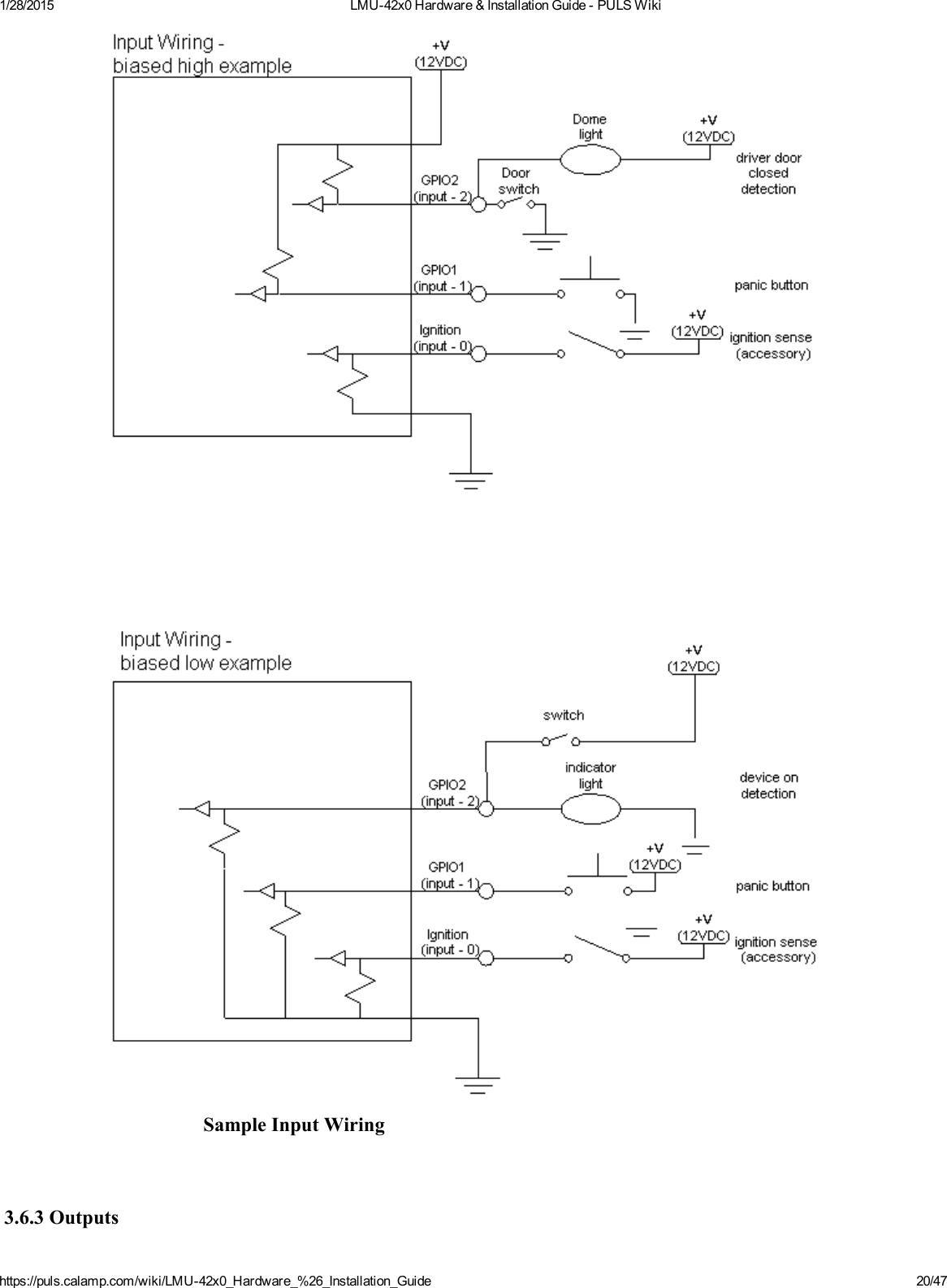 1/28/2015 LMU42x0Hardware&amp;InstallationGuidePULSWikihttps://puls.calamp.com/wiki/LMU42x0_Hardware_%26_Installation_Guide 20/47SampleInputWiring3.6.3Outputs